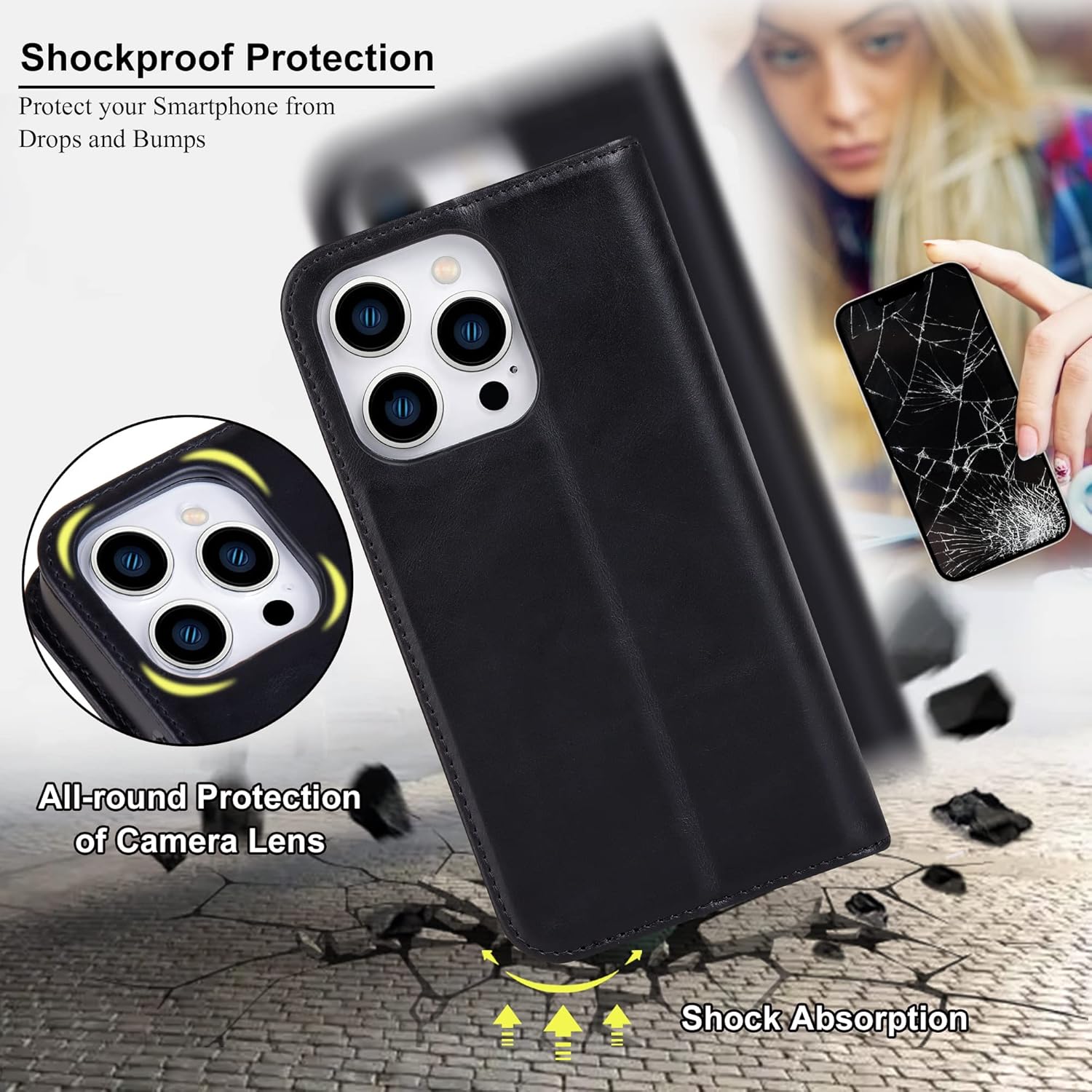VISOUL Wallet Case for iPhone 14 Pro Max 5G, Genuine Leather Magnetic Folio Flip Case with [Card Slots][Kickstand][RFID Blocking] Shockproof Protective Cover for iPhone 14 Pro Max 6.7-inch(Black)