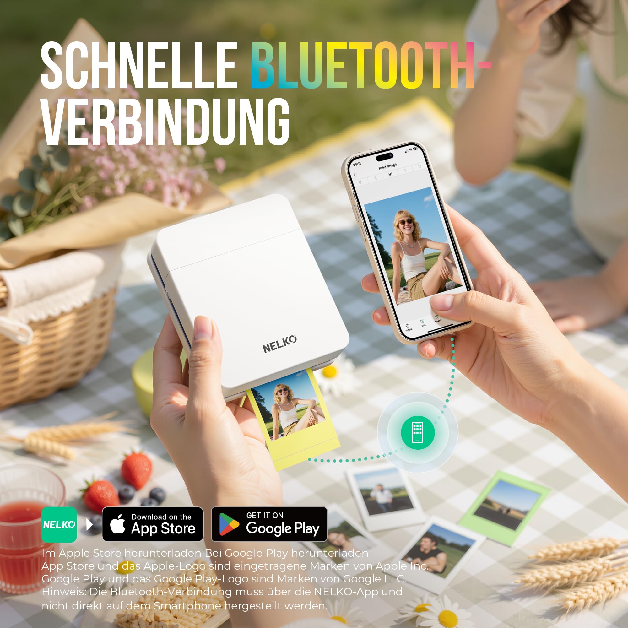 Nelko Fotodrucker PP01 Tragbarer Mini Fotodrucker, 20 Blatt Fotopapier,Weiß | Tintenstrahl-Aufkleberdrucker kompatibel mit iOS/Android mit Bearbeitungs-App, Ideal für Partys, Reisen und Bullet Journals
