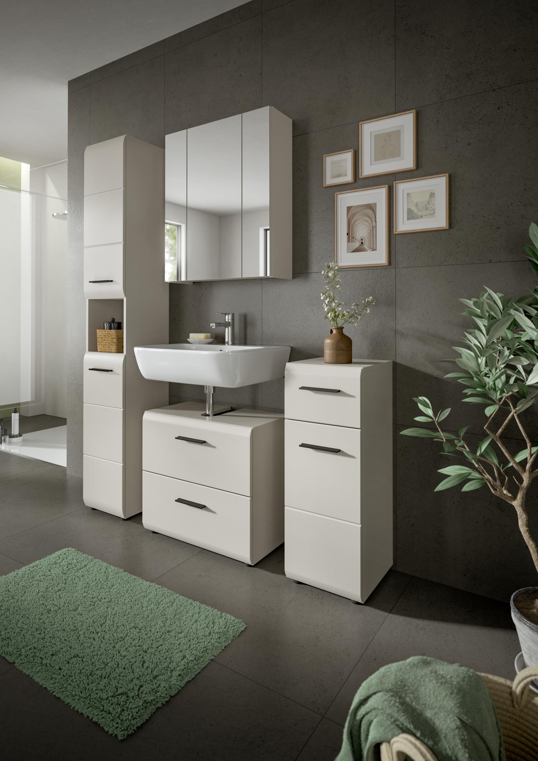 xonox.home – Badkombination Ice 150x185x30 cm in Kaschmir Melamin & matt – Breites Stauraumwunder für Moderne Badezimmer – Funktionales Design – Bild 5