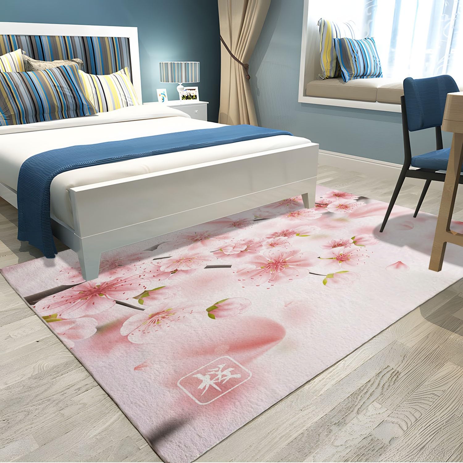 Rose Tapis de Salon 80 x 150cm Fleurs de Cerisier Roses du Japon Tapis Doux Poils Courts Moderne Antidérapant Grand Tapis pour Salon Chambre Décoration d'intérieur Garçons Filles Adolescents
