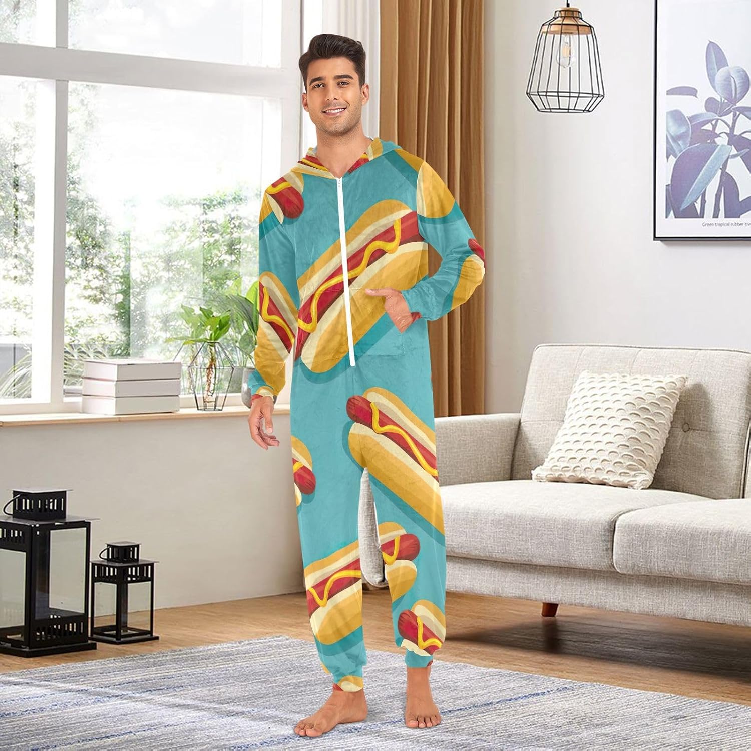 GAIREG Cute Hot Dogs Blue One-piece Pajamas for Women, Mens Womens Onesie Christmas