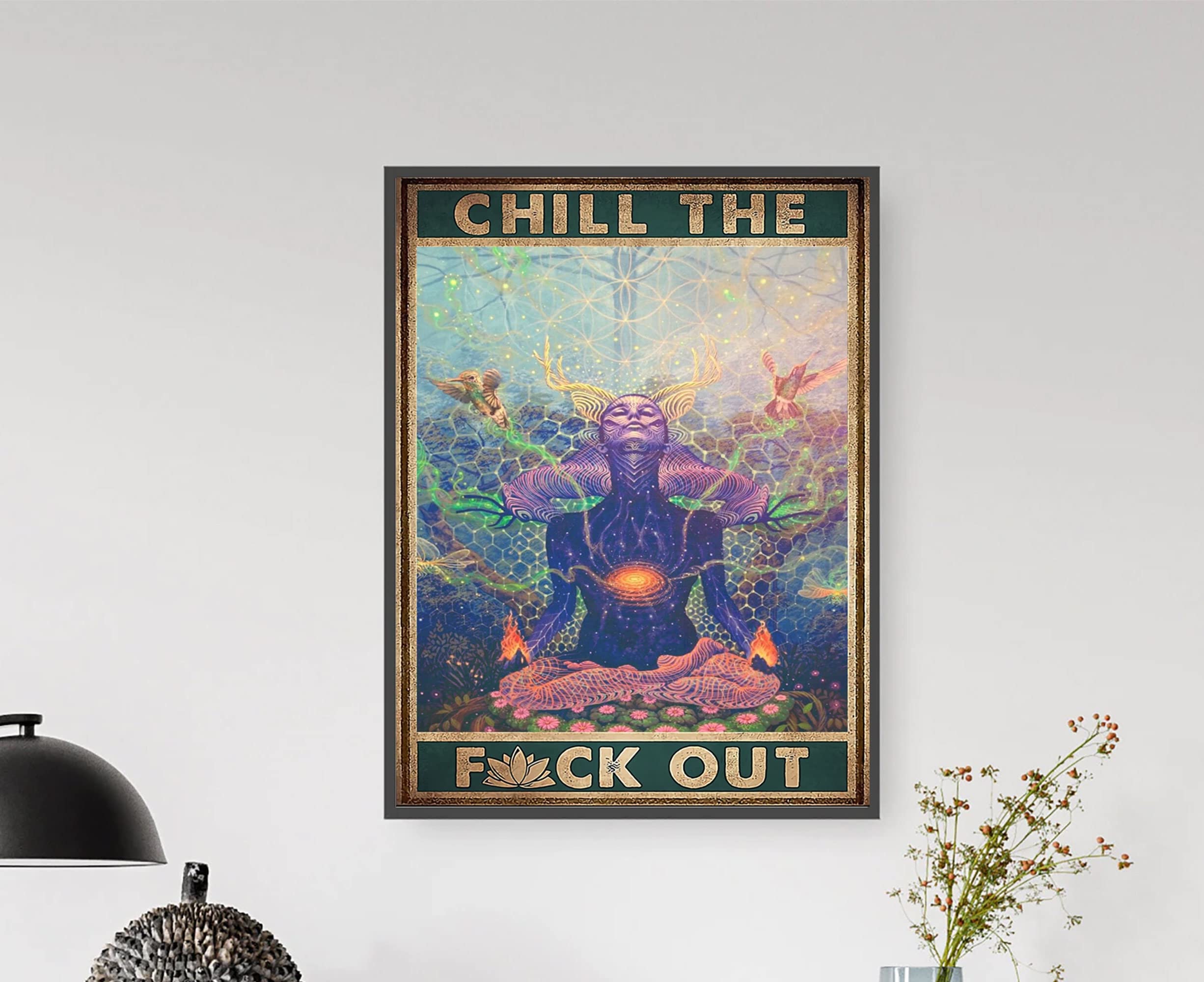 Retro Metal Tin Sign 12x16 inch Chill The F*ct Out Poster Namaste Yoga Meditation Vintage Poster Healing Yoga Vintage Poster Funny Wall Decor Nostalgic Art Decor Waterproof Plate Decoration