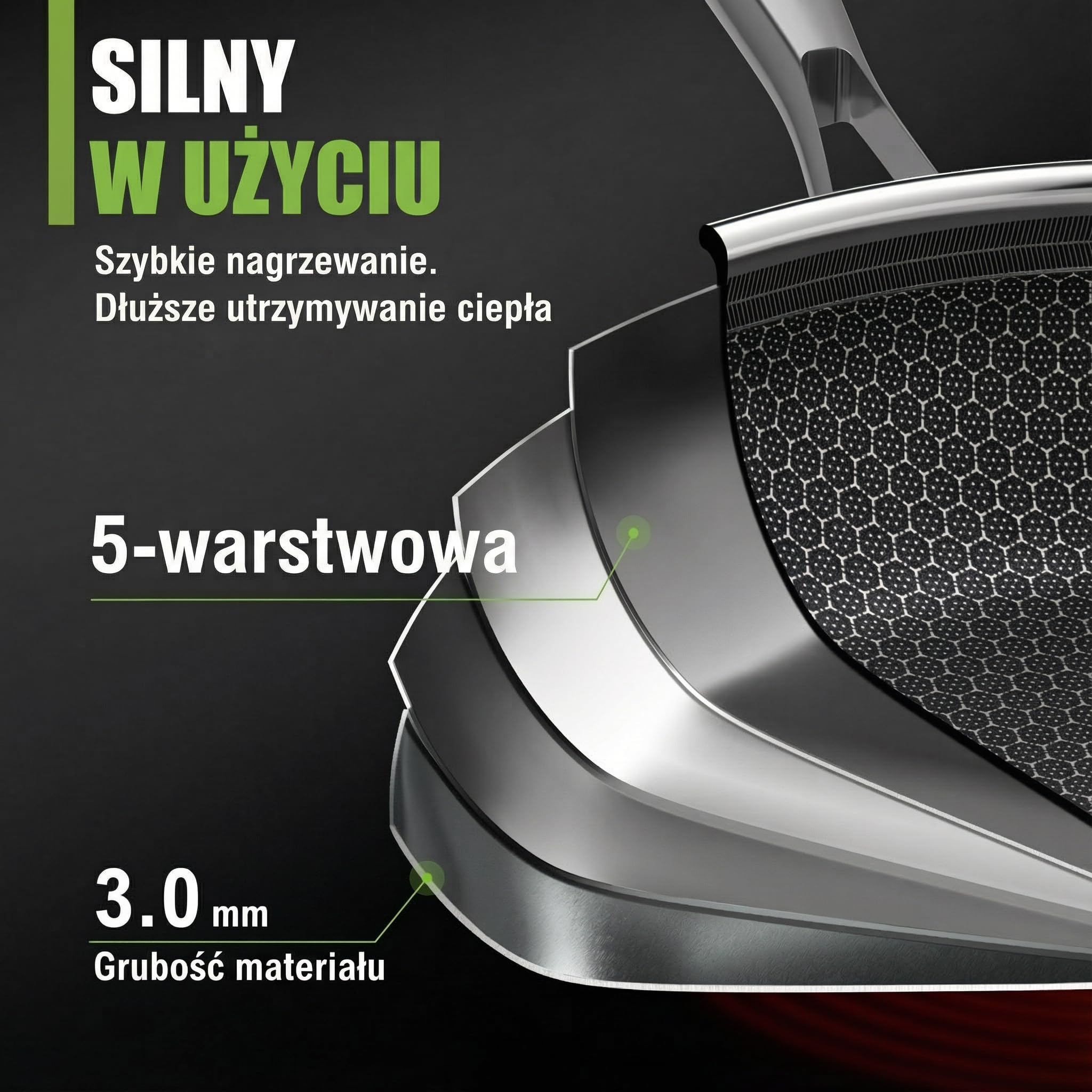 Patelnia o średnicy 32 cm, ceramiczna powłoka odporna na zarysowania | 5 warstw - 3 mm - 1,67 kg | indukcyjna, nie zawiera PFAS i PTFE | można używać w piekarniku w temperaturze do 250°C