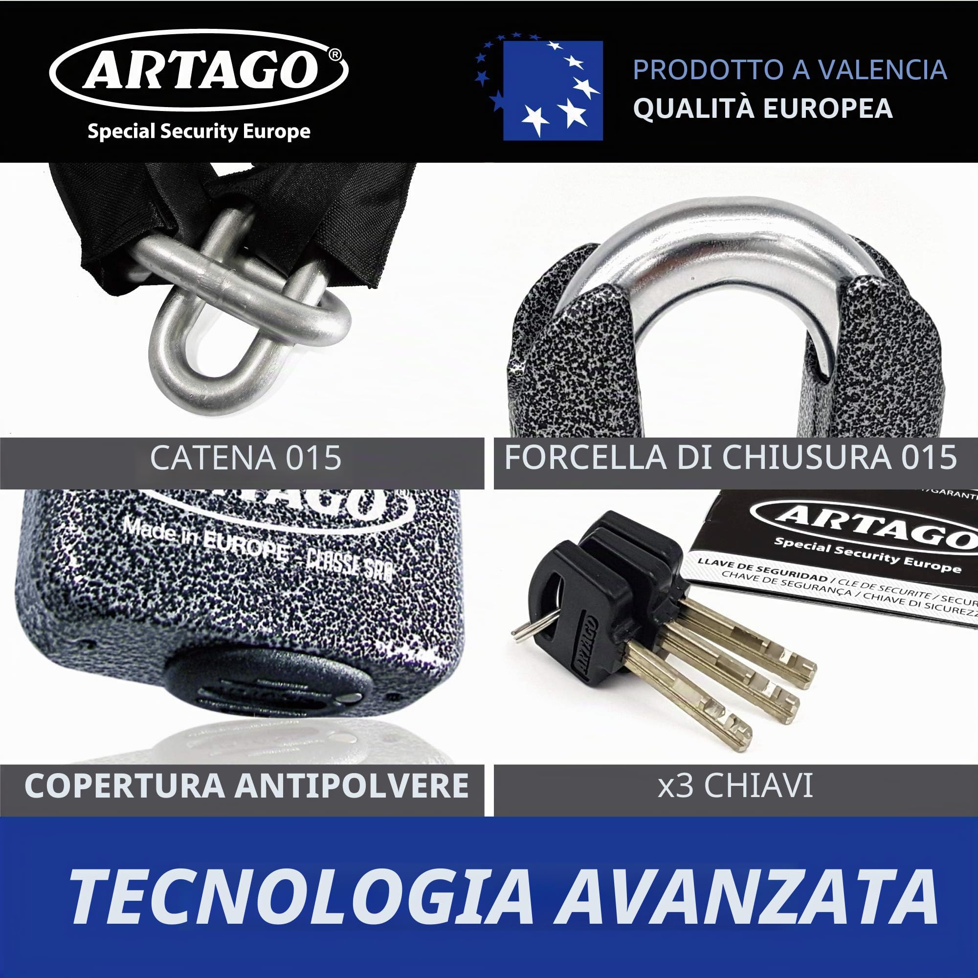 ARTAGO 69T120 Lucchetto Antifurto Moto Catena Massima Sicurezza Bunker, Doppia Funzione, Omologato, Sold Secure Gold e Sra, Nero/Grigio, ø15 120cm