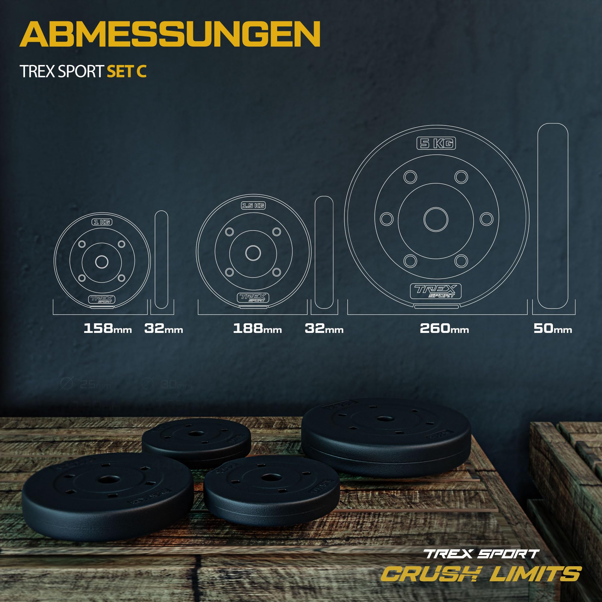 TREX SPORT Hantelscheiben Set 20 kg 27mm | Gewichte 2x5kg + 4x1,5kg + 4x1kg | Kunststoff Gewichte, Langhantelstangen, Gewichtsscheiben für Krafttraining und Fitness zuhause
