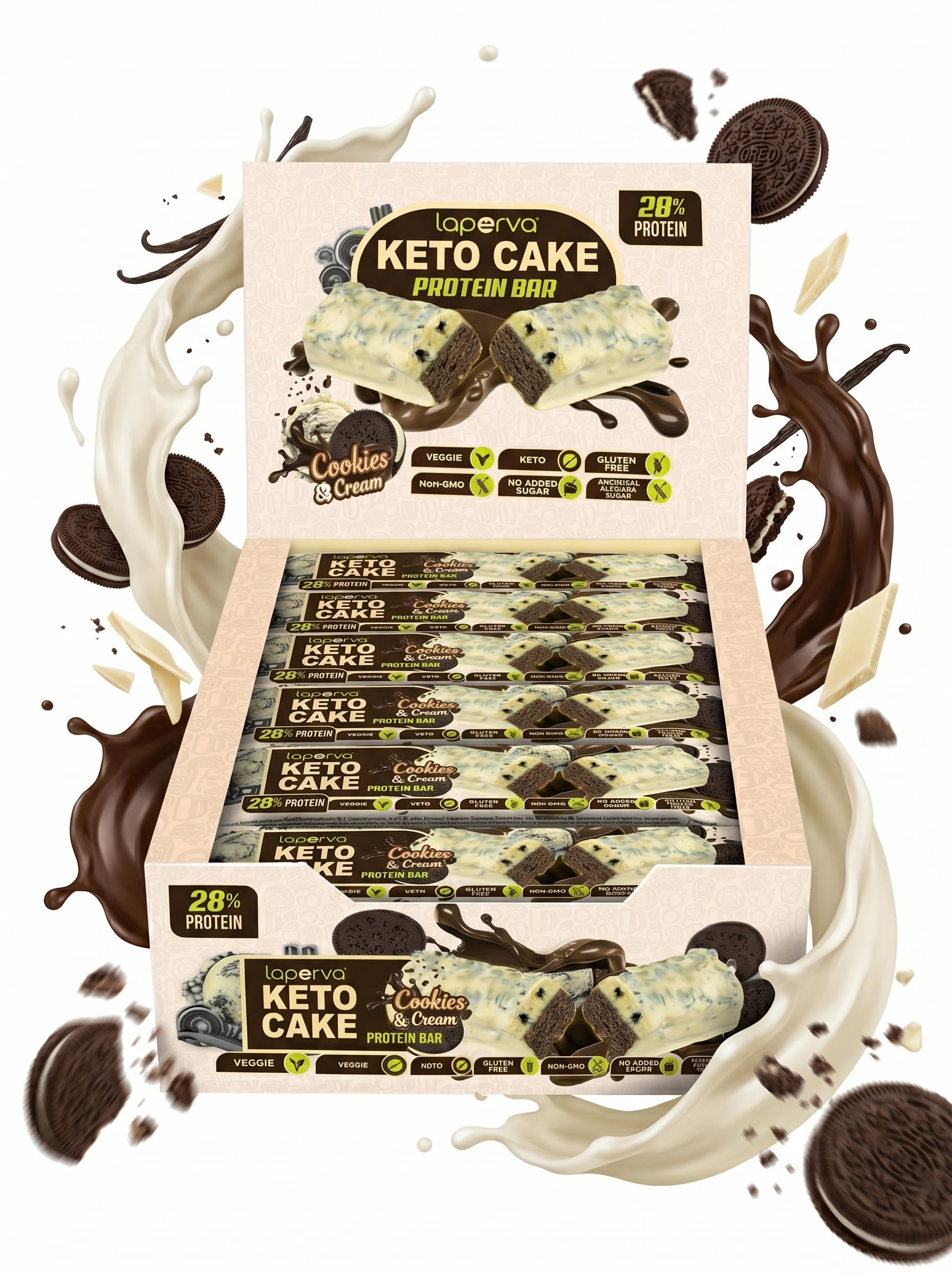 Laperva Keto Cake Barre Protéinée 28% Protéines Cookies & Cream, Snack Keto Low Carb, Végétarien, Sans Gluten, Sans Sucre Ajouté, Riche en Fibres, Non OGM, 18 Barres