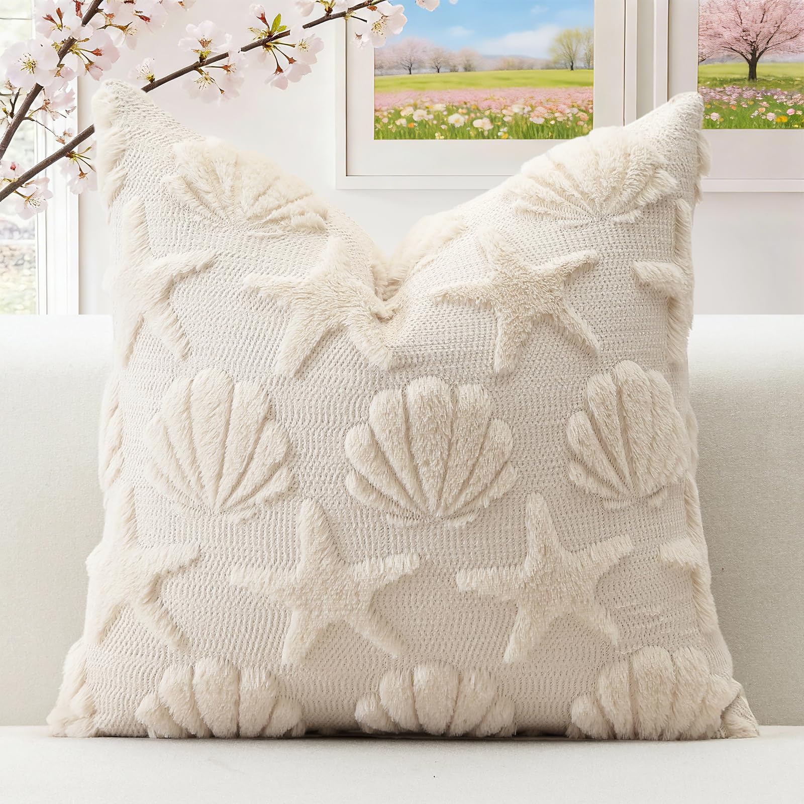 Artscope Shell Starfish Cushion Cover Set of 1 Beach Seaside Throw Pillow Cover for Sofa Square Spring Summer Soft Plush Short Wool Velvet Pillowcase Holiday Decor Cream Beige, 40x40cm