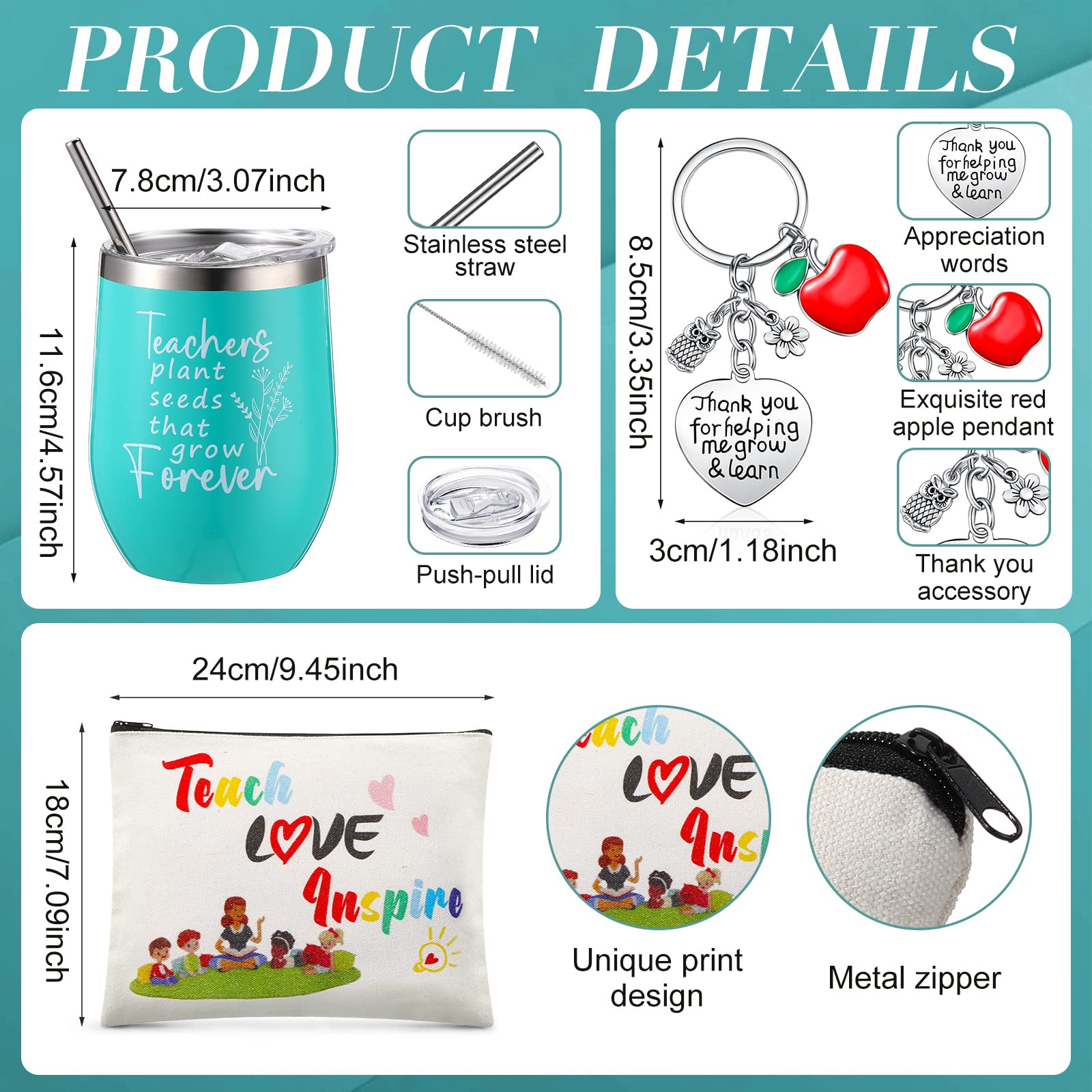 Hillban 4 Pcs Teacher Appreciation Gift for Women 12oz Teacher Tumbler Teacher Tote Bag Makeup Cosmetic Bag Keychain Thank You Gift for Teacher Birthday Back to School(Classic Style)