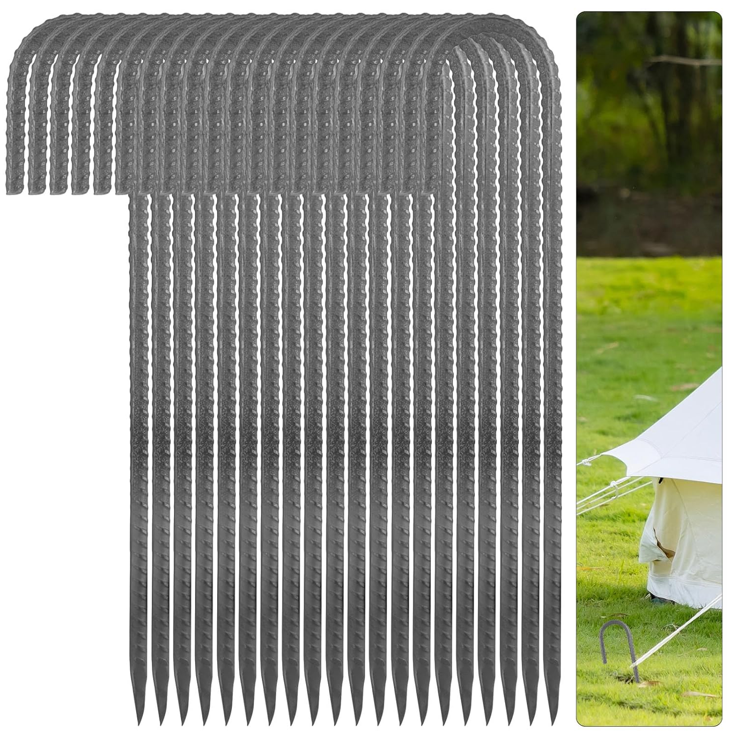 20 Pcs J Jook Rebar Stakes 12 Inch, 5/16" Diameter Chain Link Fence Stake Tent Stake, Heavy Duty Ground Anchors for Camping, Inflatables, Canopies, Swing Sets, Yard Decorations