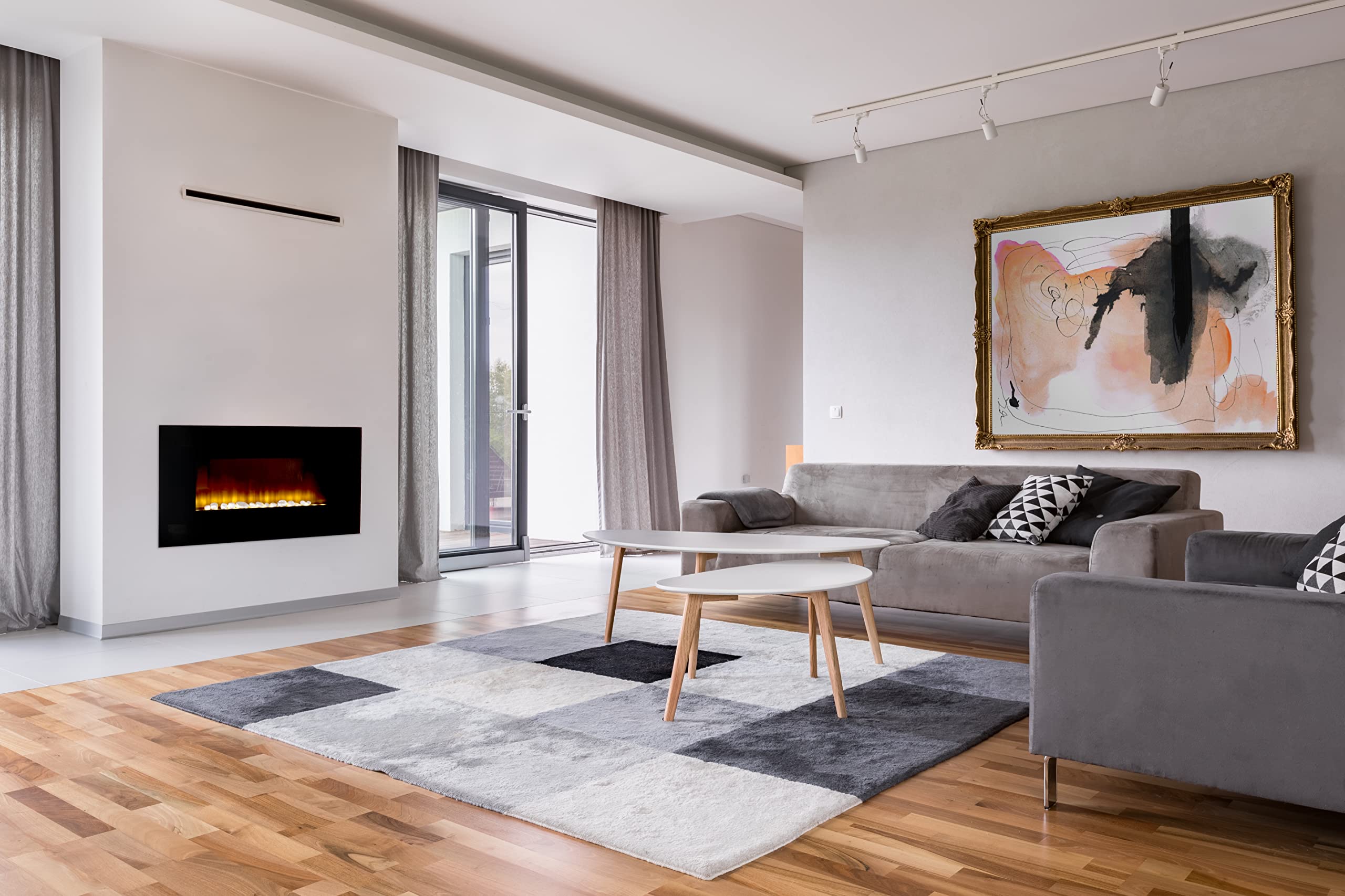 Alpina Kaminofen Elektrisch Wandkamin – Elektrokamin zur Wandmontage mit Heizung 1800–2000W – Deko Kamin Flammeneffekt – Elektroheizung mit Thermostat Heizung und Fernbedienung – Modernes Feuer