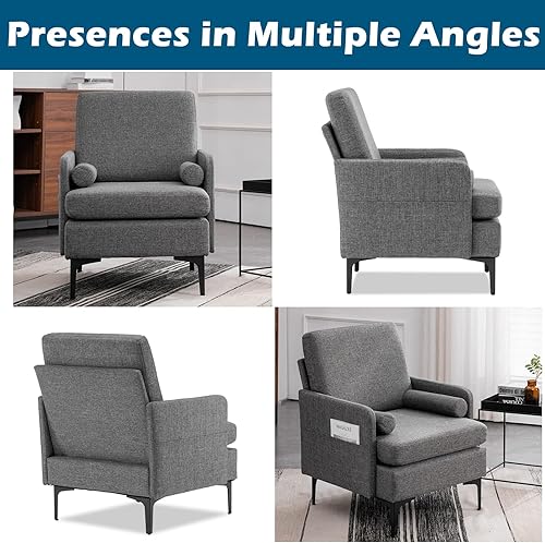Miniatura 6 de VINGLI Cómoda silla de lectura con patas cruzadas de 25 pulgadas de ancho y 23 pulgadas de profundidad, color gris, tapizada, acogedora, silla de