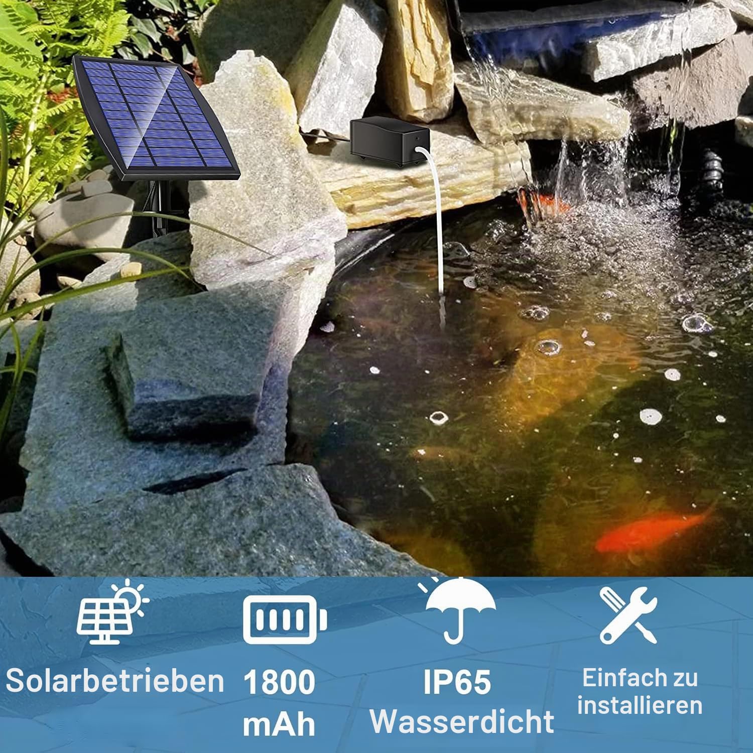 Solar Sauerstoffpumpe, 2,5 W Solarbelüfter für Teich mit 1800 mAh Batterie-Backup, 3 Modi Sauerstoffpumpe, Hydrokultur-Luftpumpe, geeignet für Outdoor-Angeln, Teiche, Aquarien