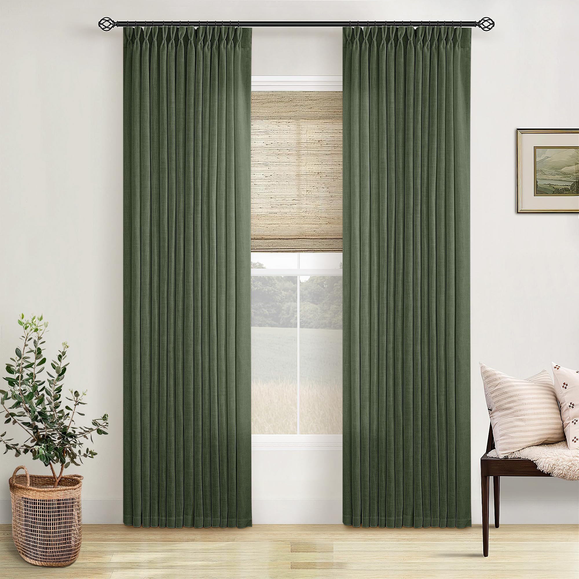 Olive Green Linen Pinch Pleated Light Filtering Curtains 84 Inches Long
