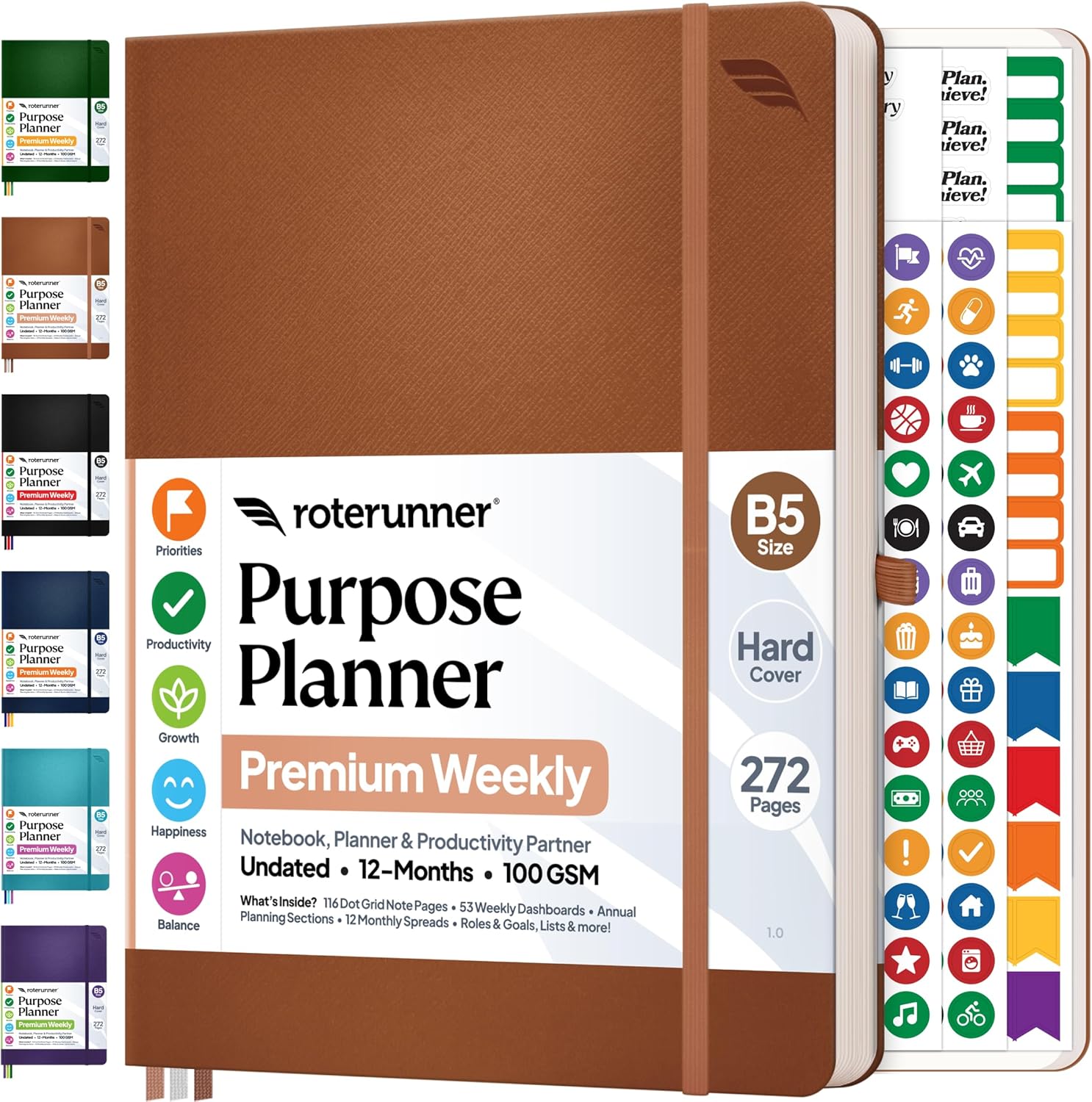 Roterunner Purpose Planner Notebook B5 7.5”x9.8” 12 Month Undated 2026 Daily Weekly and Monthly Productivity Goal Setting Tool for Work Home ADHD Planner for Adults Self Care Journal (Tan)