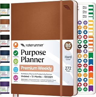 Roterunner Purpose Planner Notebook B5 7.5”x9.8” 12 Month Undated 2026 Daily Weekly and Monthly Productivity Goal Setting Tool for Work Home ADHD Planner for Adults Self Care Journal (Tan)