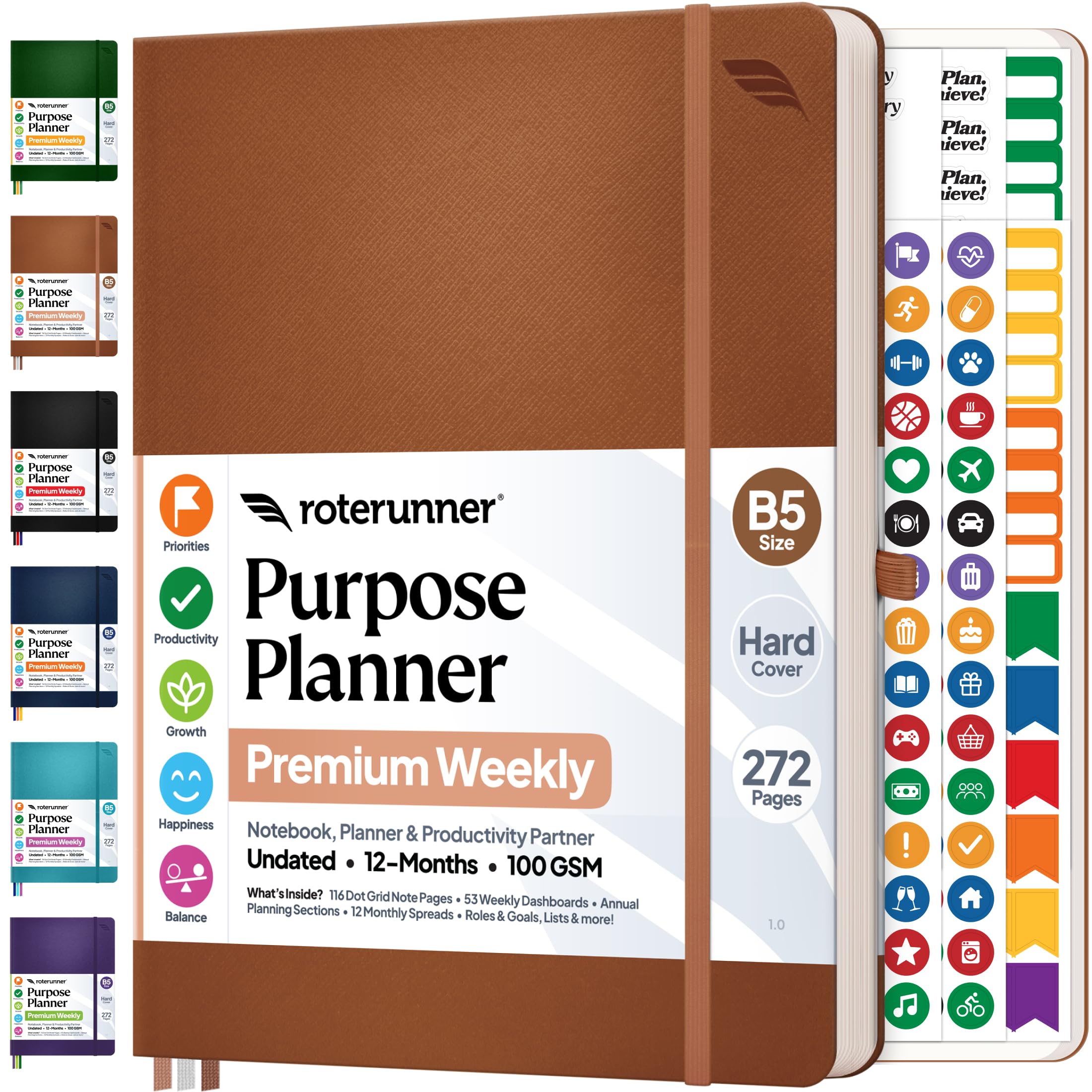 Roterunner Agenda B5, 19 x 24,9 cm, 12 mesi, non datata, 2026, giornaliera, settimanale e mensile, strumento per la definizione degli obiettivi di produttività, per lavoro, casa, ADHD, per adulti