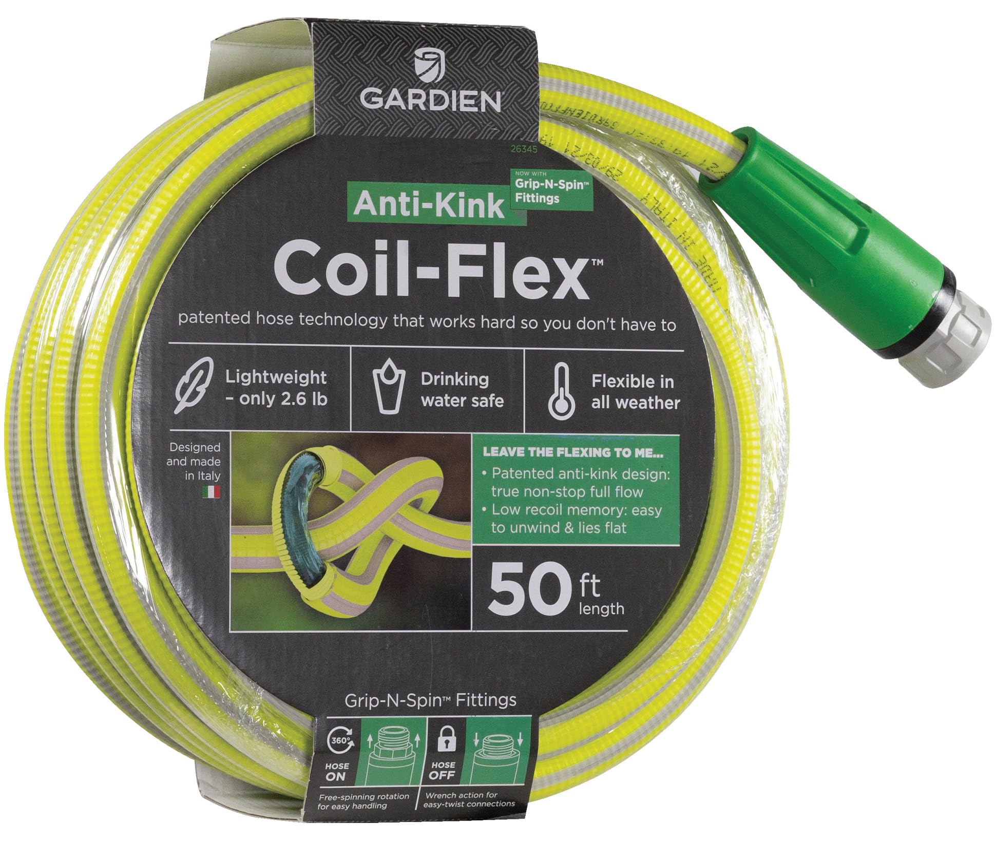 Gardien Coil-Flex No-Crimp Flexible 50 Foot Kink Free Hose - All Weather, Drinking Water Safe, Lightweight Hose with Standard 3/4