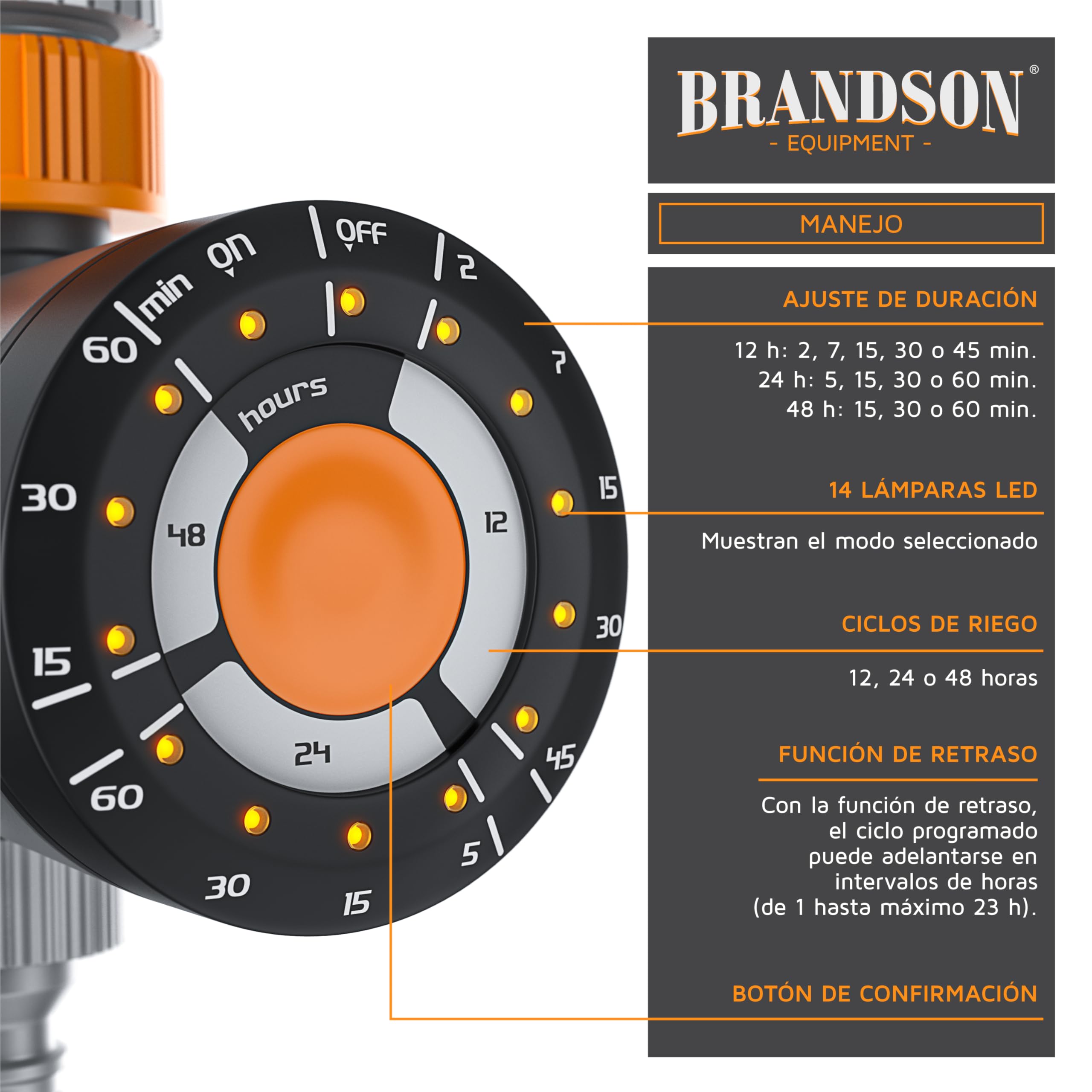 Brandson - Programador de riego, Programador Riego para Jardín, Duración, Ciclo, Función de Retraso, Manual, Operación intuitiva, Temporizador de riego, Con adaptador para Manguera de Jardinde 1/2"