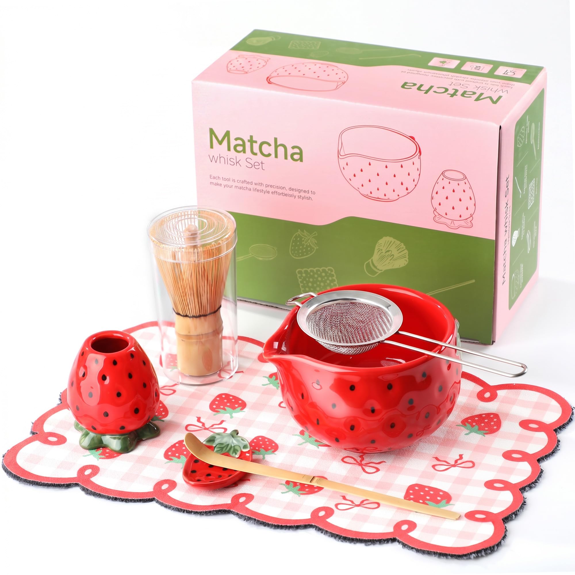 GBBG 7 Pcs Matcha Set, Red Strawberry Matcha Kit, Ceramic Matcha Whisk and Bowl with Scoop&Sifter, Matcha Tea Set for Beginners, Gift for Matcha Lovers