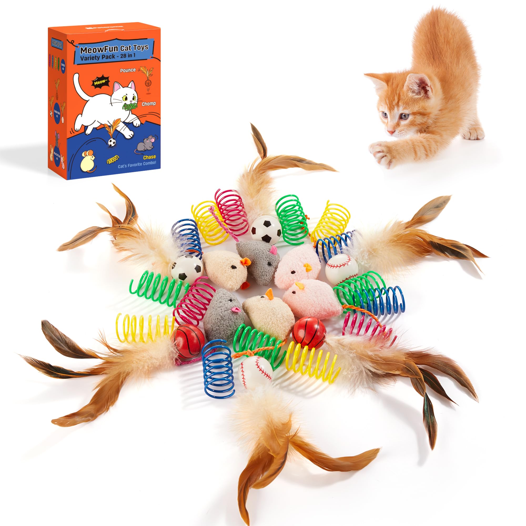 Potaroma Cat Toys Pack for Indoor Cats, 28PCS Interactive Kitten Accessories with Feather Balls, Catnip Mice, Colorful Springs – Starter Kitten Toy