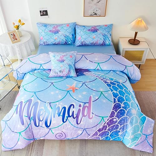 Miniatura 3 de URBONUR Juego de edredón de 6 piezas de cola de sirena, tamaño matrimonial, juego de ropa de cama de escamas de sirena para niñas, color degradado,