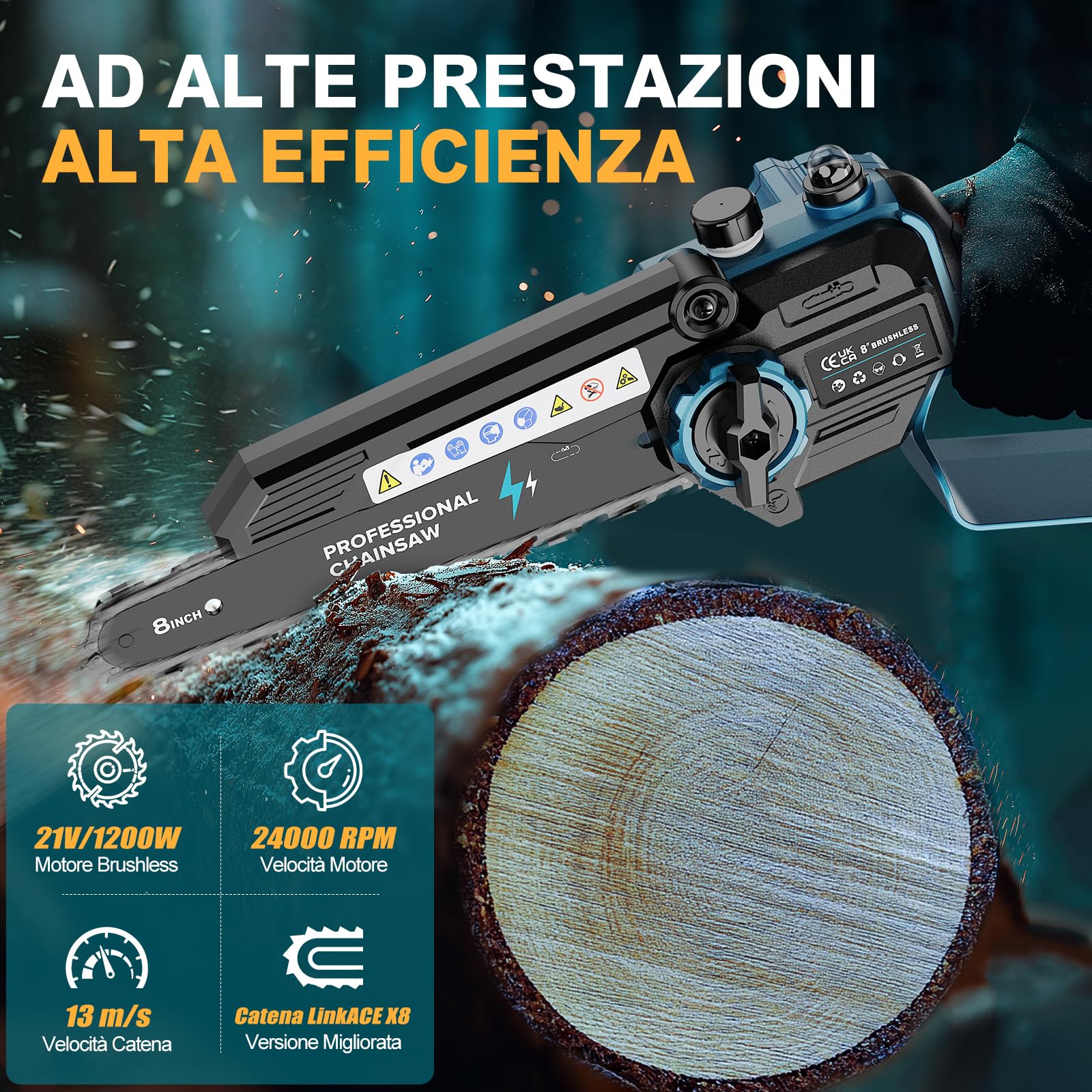 Motosega a Batteria, Mini Motosega Elettrica a Batteria Brushless con 8000mAh Batterie 1200W, 8 Pollici Sega a Batteria per Potatura con Pompetta Olio, per Potatura, Artigianato e Progetti FAI DA TE