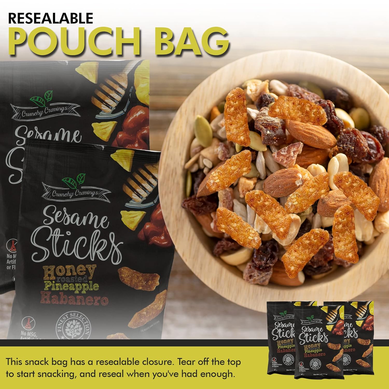 Crunchy Cravings Sesame Sticks – Intense Flavored Honey Roasted Pineapple Habanero Family Pack of 12-3oz Snack Bags - Total 36oz (pineapple Habanero)