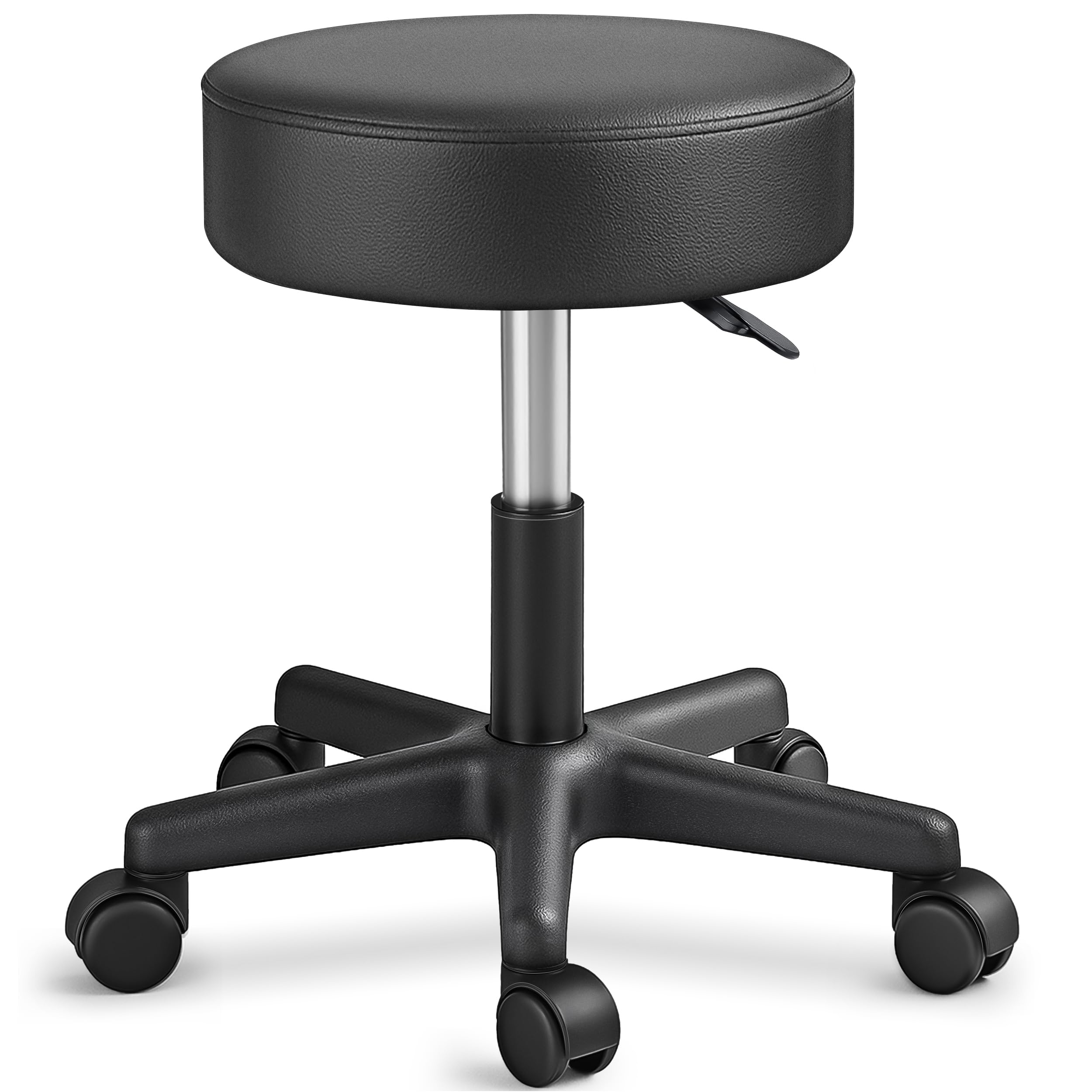 TRESKO Rollhocker höhenverstellbar Schwarz bis 150 kg | Hocker Drehhocker 10 cm Dicke Polsterung 47-60 cm Sitzhöhe | Arbeitshocker Bürohocker 360° drehbar mit Rollen