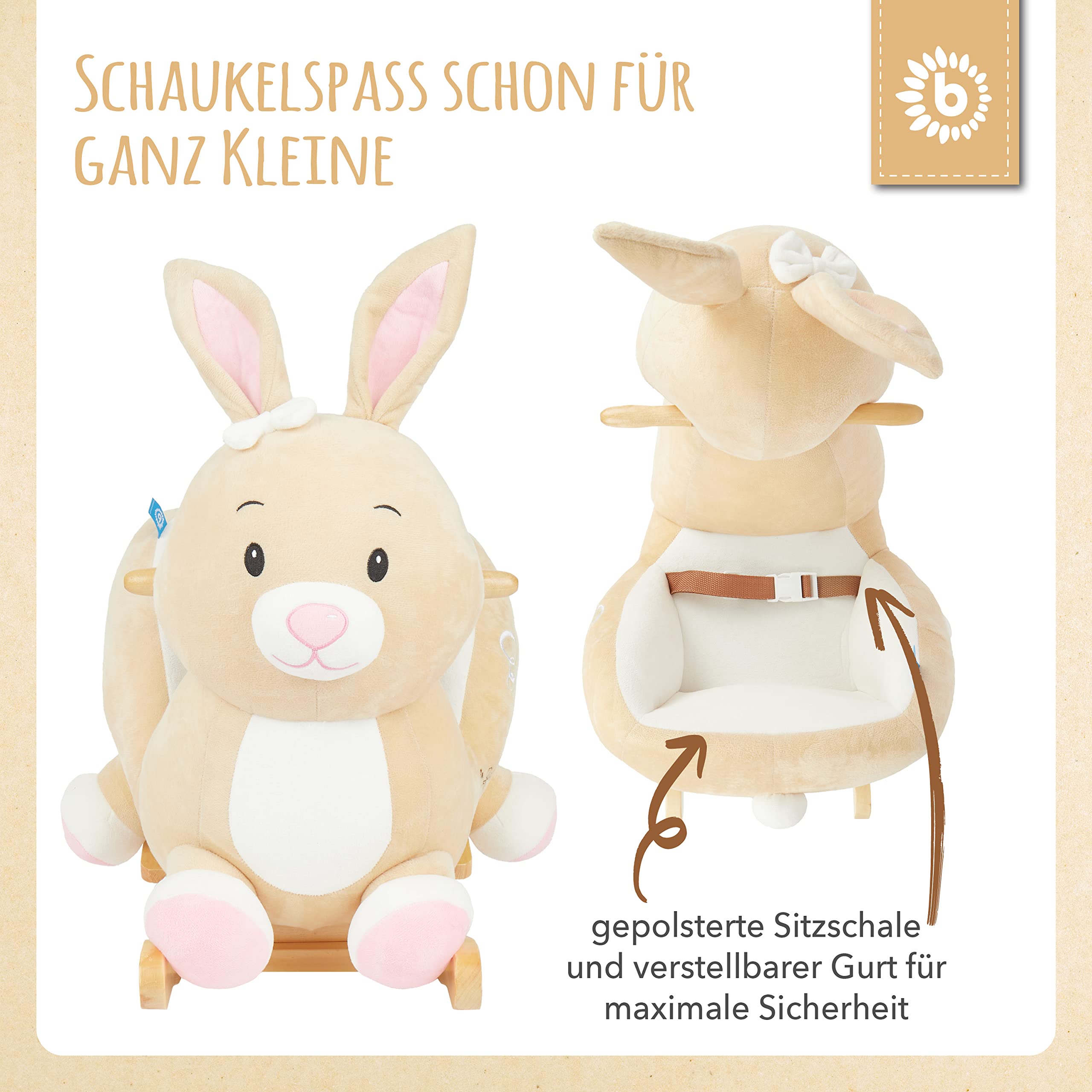 Bieco Plüsch Schaukeltier Hase Hopsi, 60 cm | Kinder Schaukelstuhl mit Sicherheitsgurt | Baby Schaukel | Schaukel Kleinkind | Schaukeltier Baby Schaukelwippe ab 9 Monate | Schaukelpferd Holz