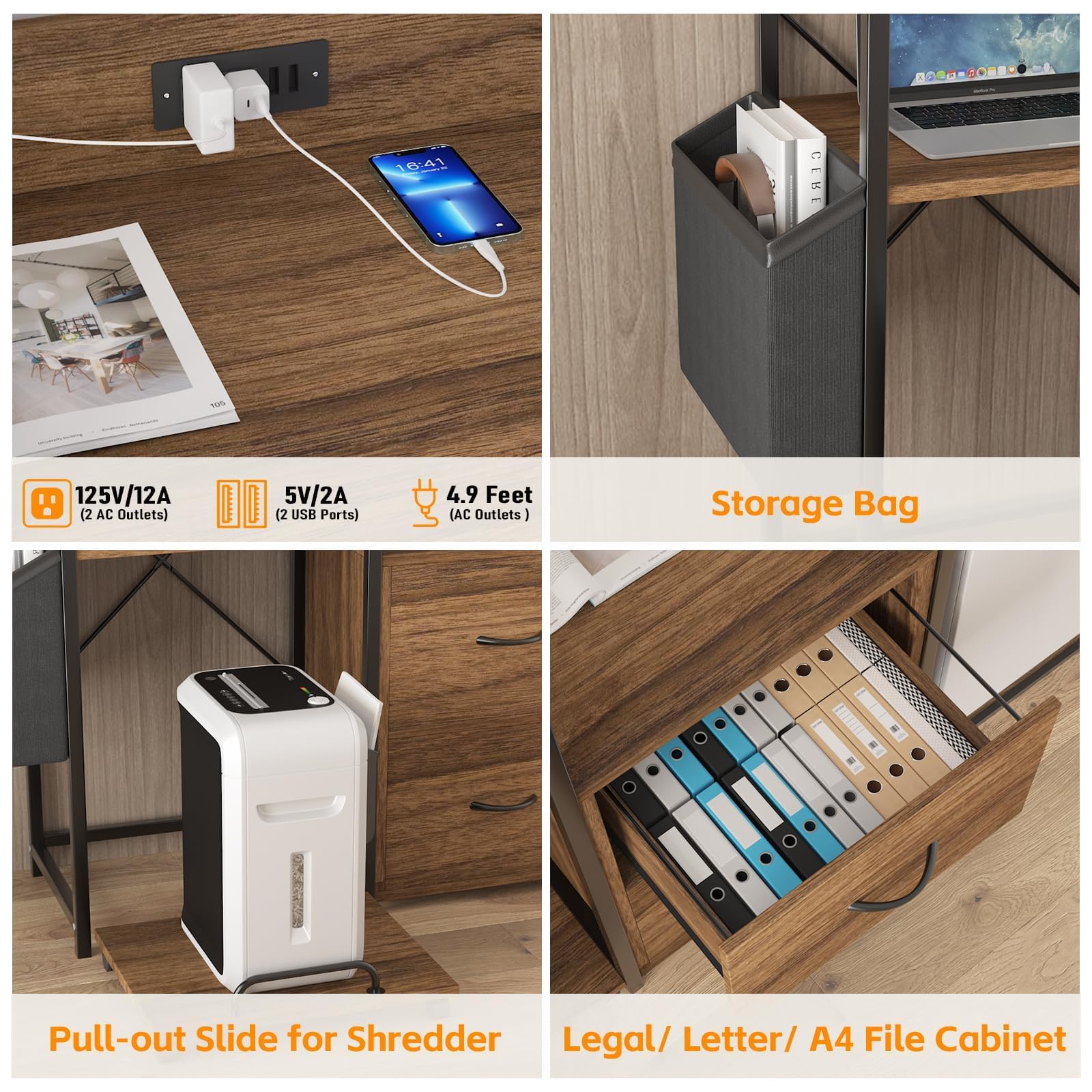Druckerschrank mit LED, Aktenschrank mit LED-Beleuchtung & Ladestation, Großes 3-stöckiges Druckerregal mit Schubladen, Ablagen für Fax, Aktenvernichter & PC-Tower, ideal fürs Büro
