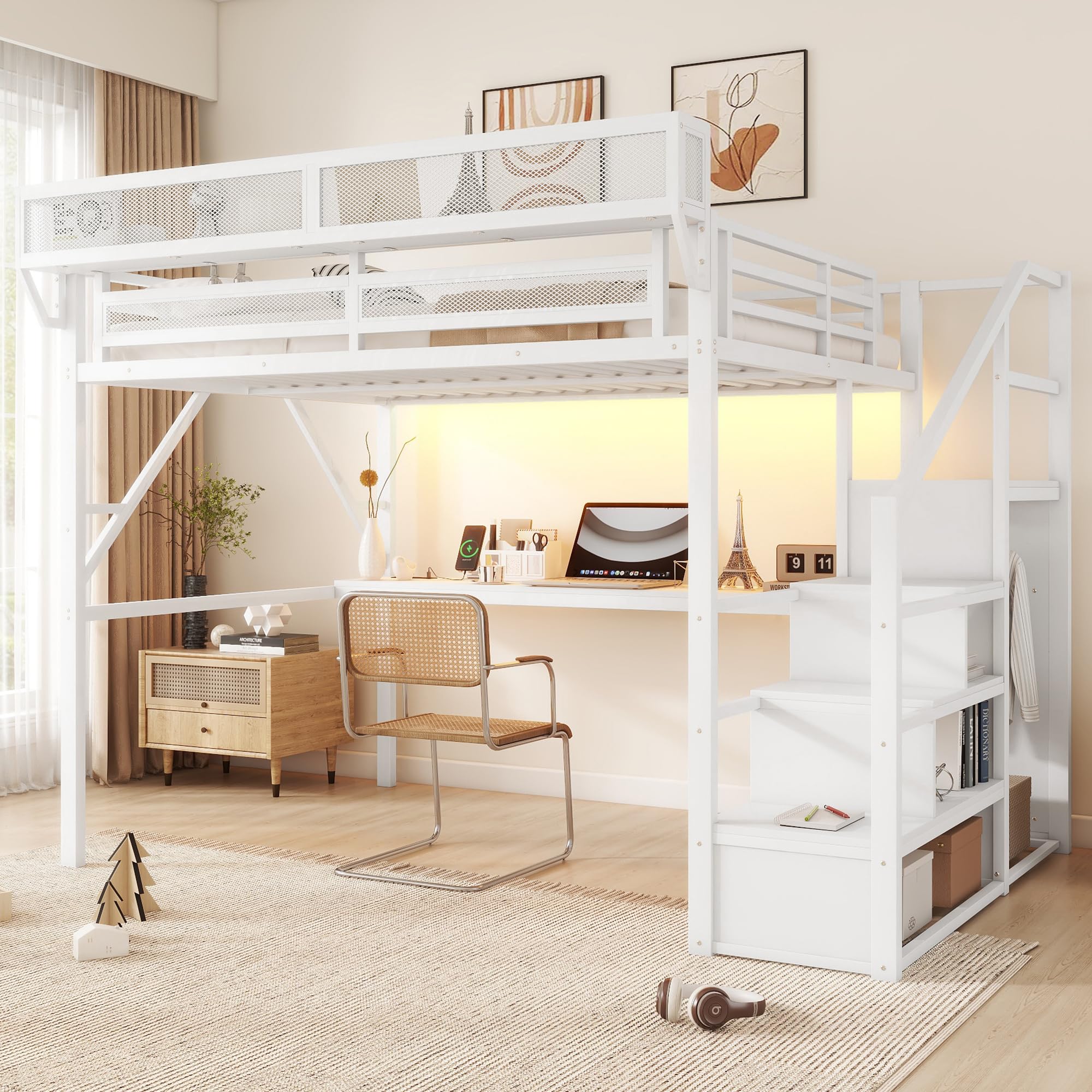 KEIKI Queen Loft Bed with Desk