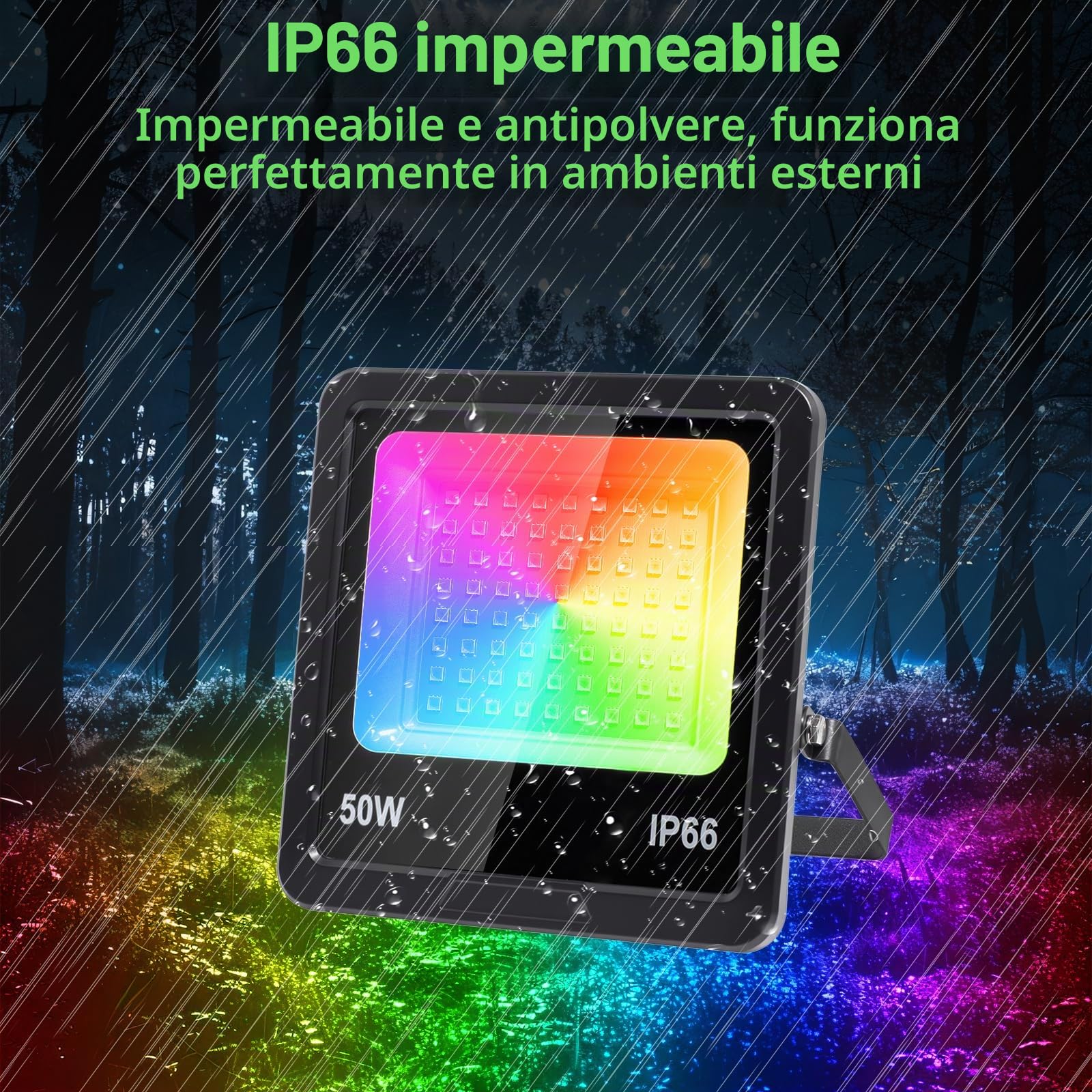2 Pezzi Faretto LED RGB 50W, Faro Led Rgb Esterno con 360° Telecomando e APP Bluetooth IP66 Impermeabile Proiettori RGB 16 Milioni di Colori Dimmerabile Faretti rgb per Esterni Festa Halloween