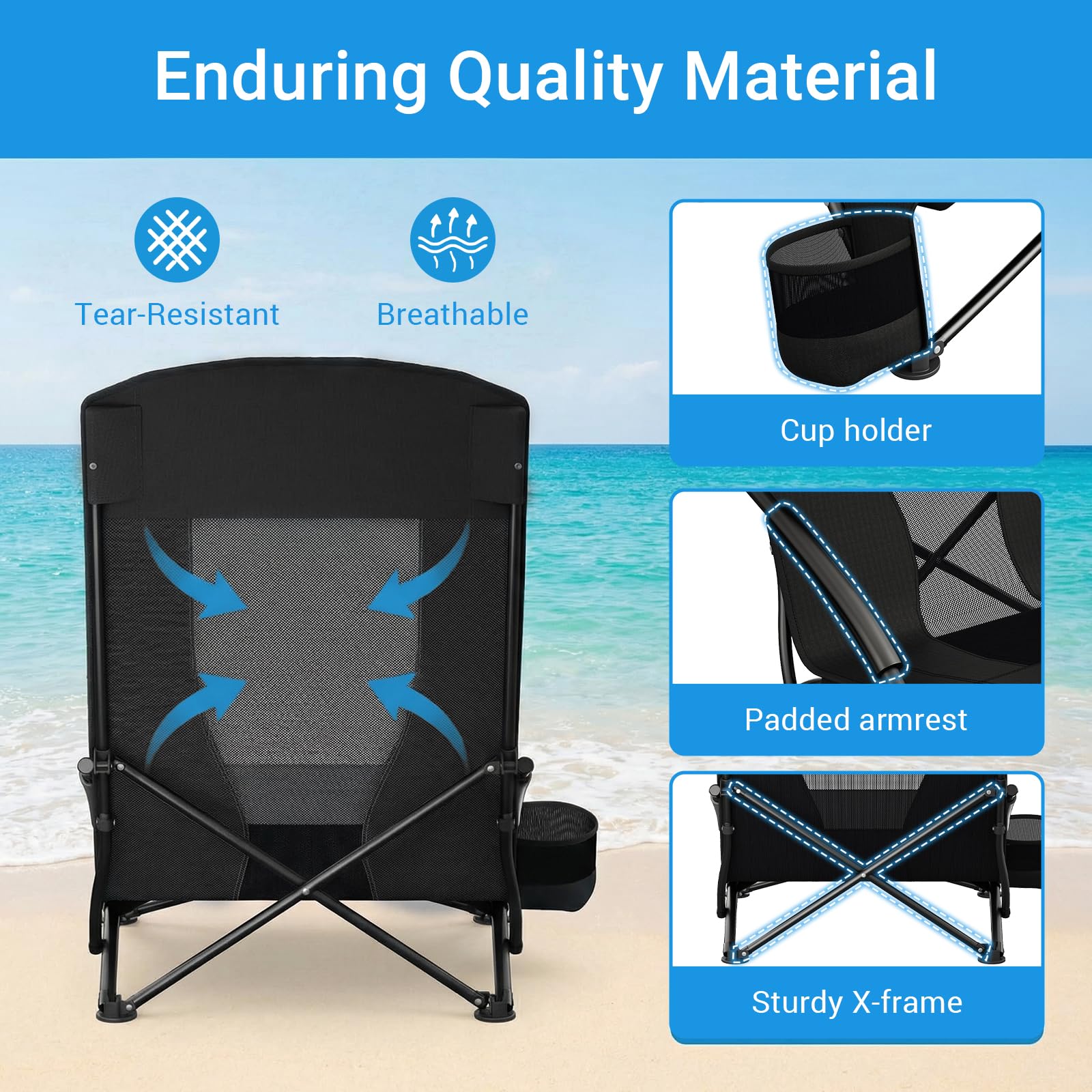 LIFERUN Chaise de plage pliable - 1 pièce - Dossier haut - Chaise de plage basse avec sac de transport - Porte-gobelet - Tissu en maille respirante - Pour l'extérieur, le camping, le concert de sable