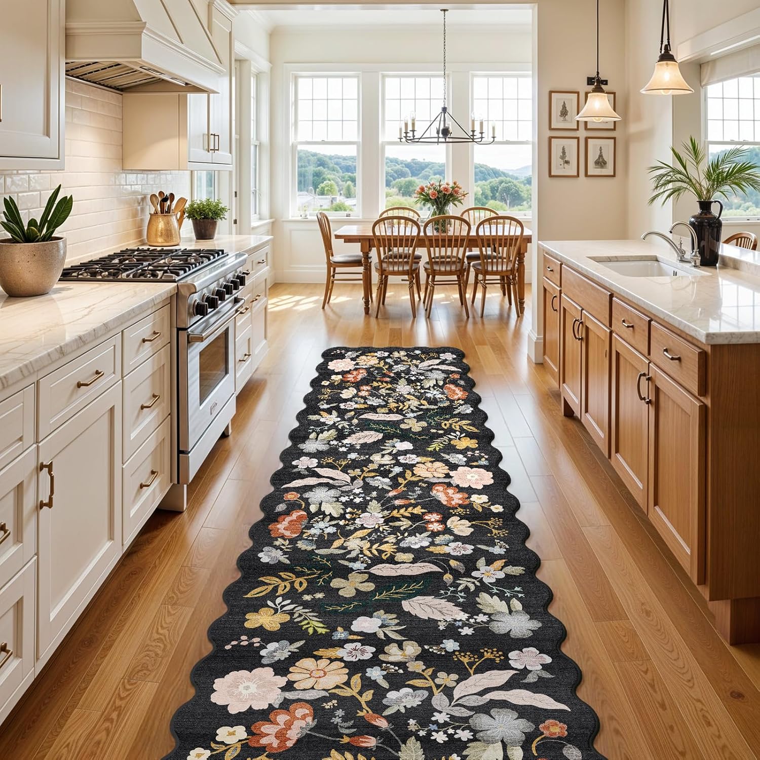 3x20 hallway runner rug washable: extra long 20ft floral scalloped carpet runner non slip boho rug runner for indoor entryway stain resistant rug runners for living room (black, 3x20) 3' x 20' (rectangular) black