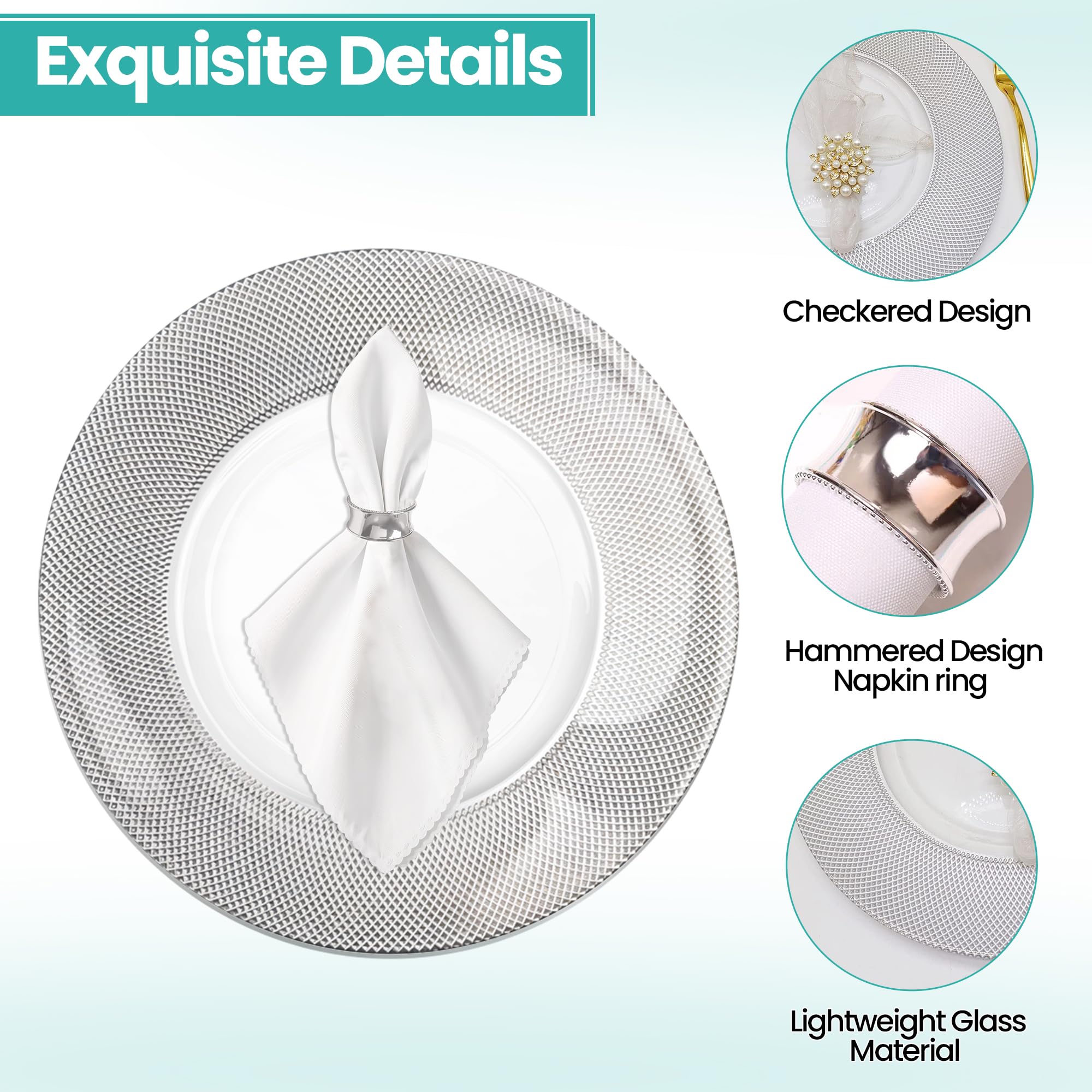 Trimming Shop - Piatti di carico in vetro da 33 cm con porta tovaglioli abbinati a quadri argentati e martellati, confezione da 6 per matrimoni, banchetti, compleanni, cene, catering e forniture per