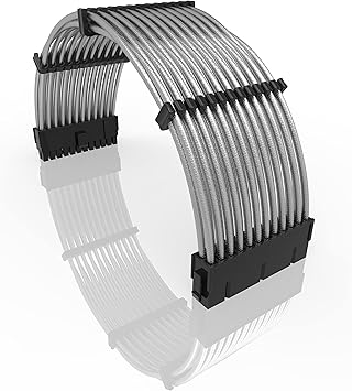 LINKUP - 50cm PSU PC Power Extension Cable Metallic Sleeved Silicone Coated Soft & Flexible to Route Custom Mod w/Comb | 1x 24P 20+4 Motherboard ATX | 500mm - Silver