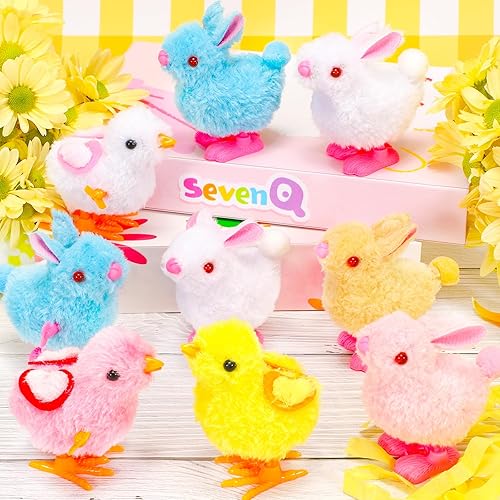Miniatura 2 de SevenQ Juguetes de cuerda para niños para cestas de Pascua, 9 juguetes de conejito saltador y pollitos de peluche que saltan pequeños juguetes para