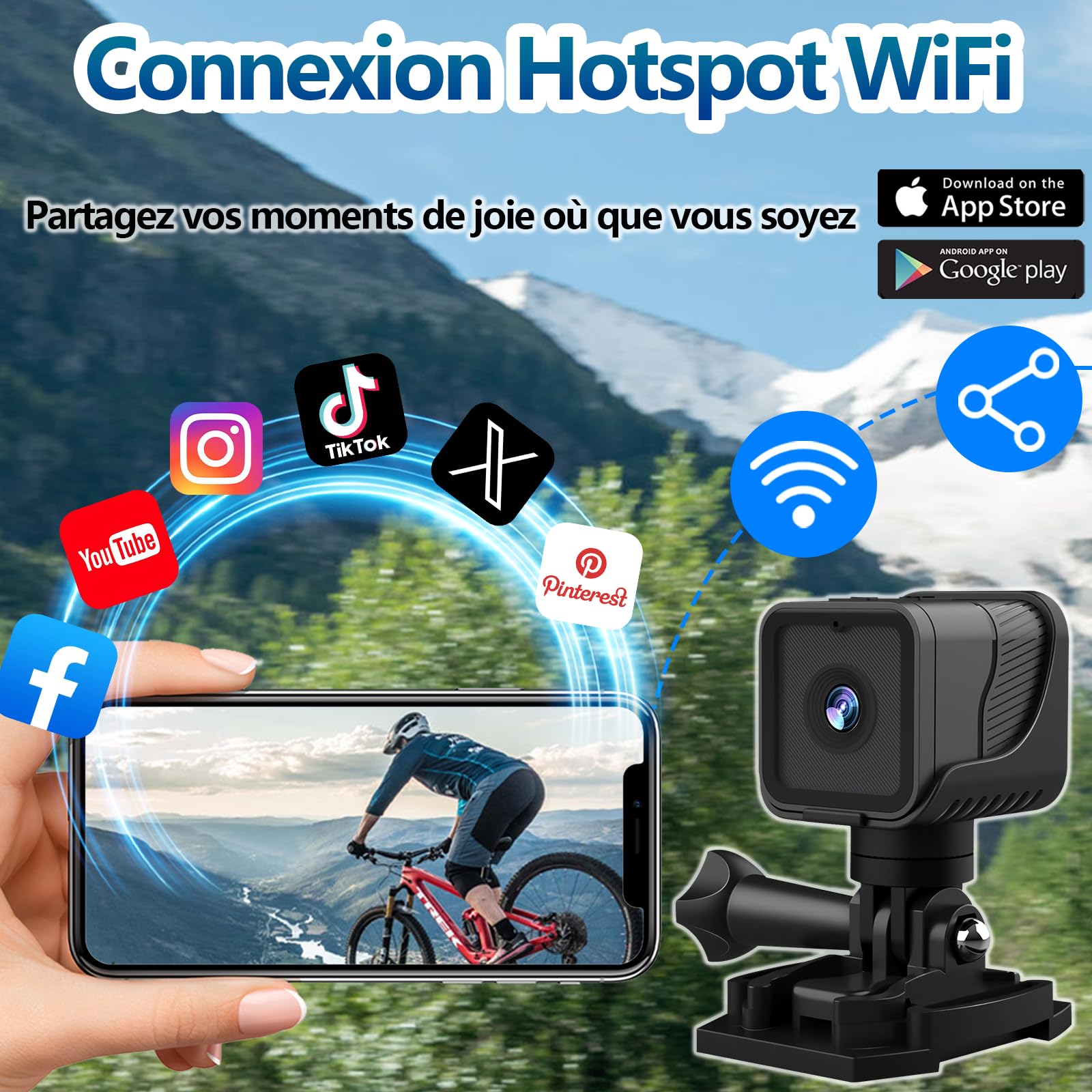 Action Cam 1080P WiFi 120° étanche, Camera Moto/Velo 4h