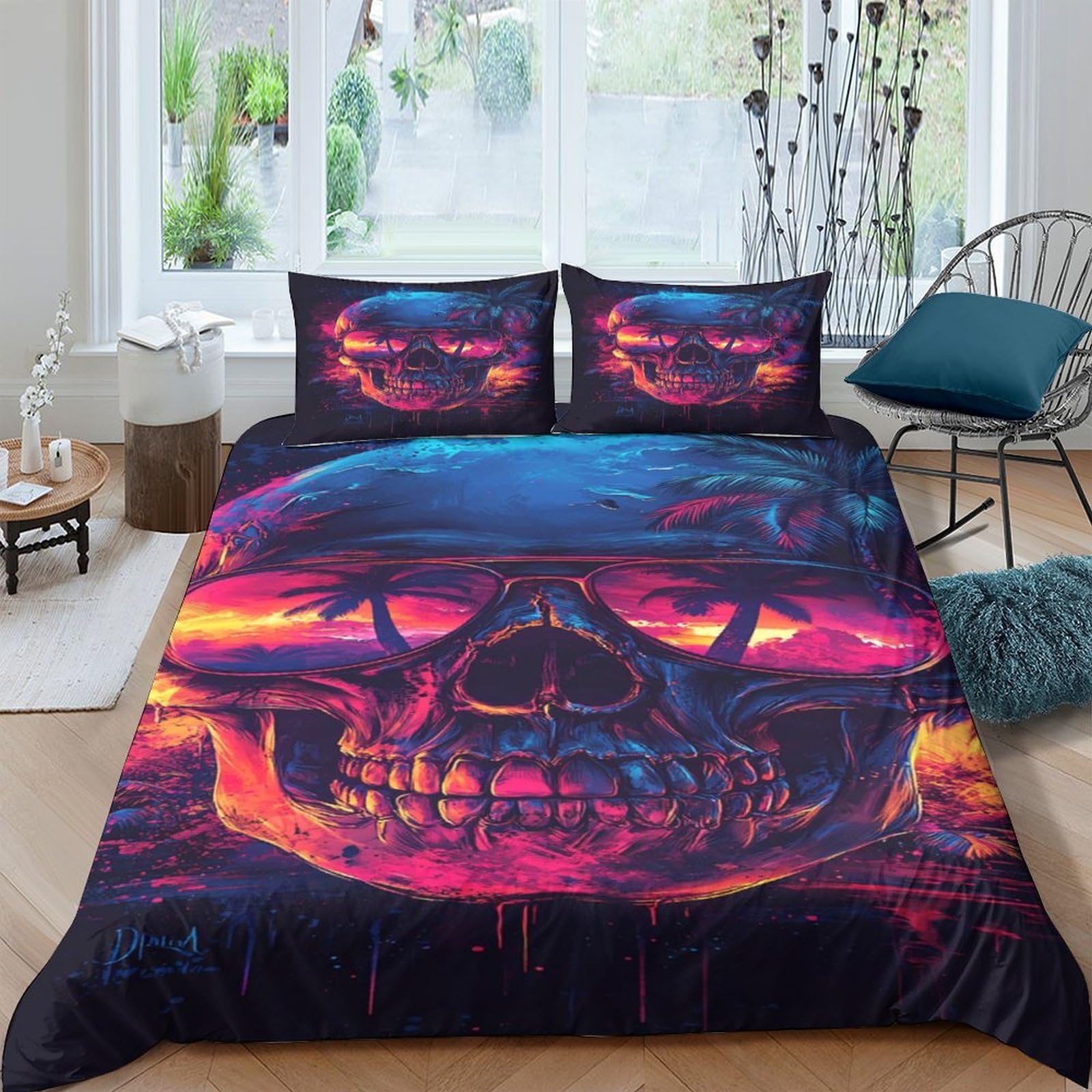 Ctjqhvkz Style-10 3D Printed Neon Skull Fitted Sheet Microfiber Soft Bedroom Decor Punk Art Mattress Cover For Home Dorm Guest Room Single（135X200cm）