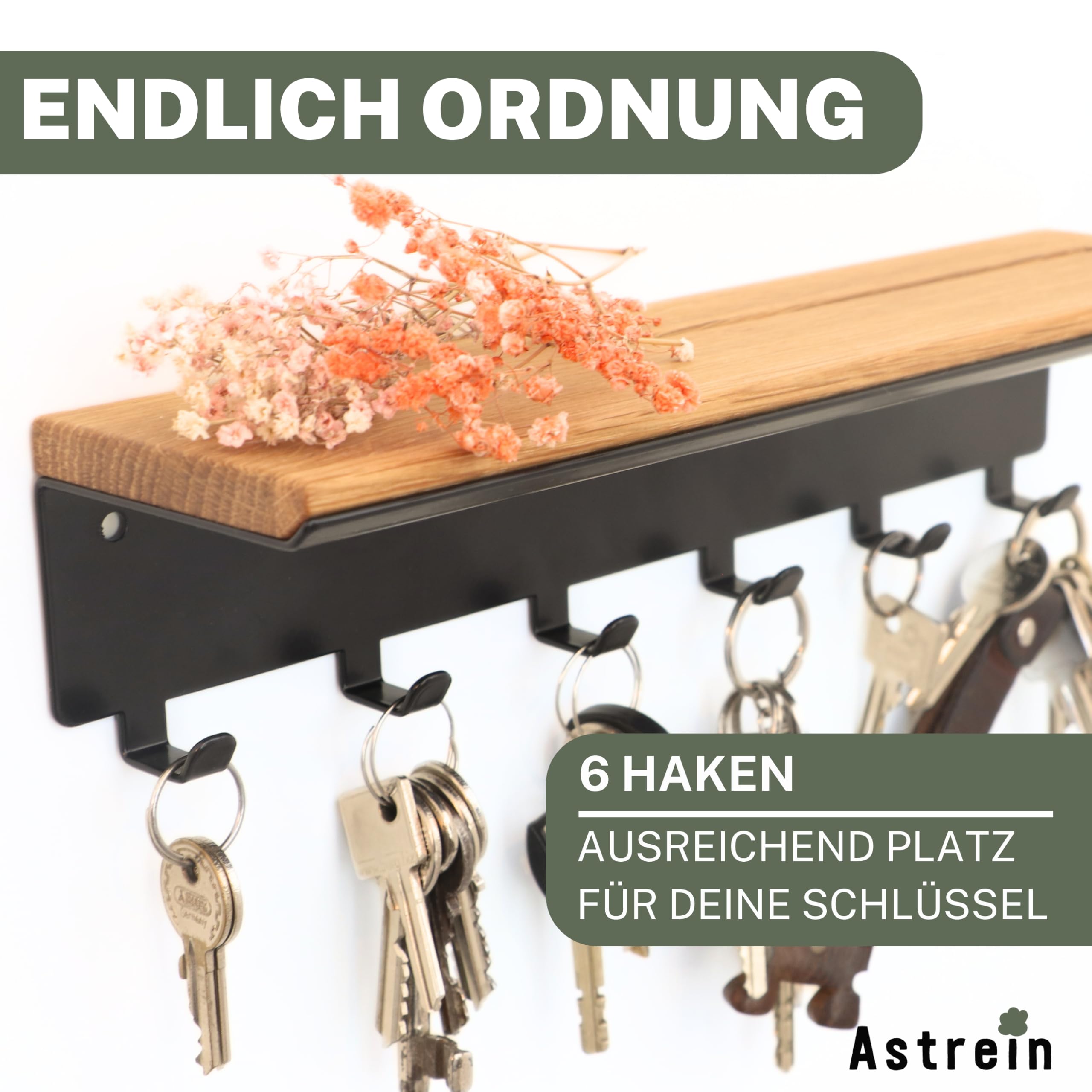 Astrein® | Schlüsselbrett mit 6 Haken | Schlüsselboard aus Holz | Eiche | Wandorganizer | Schlüsselkasten | Schlüsselhalter mit Ablage | Schlüsselaufbewahrung Metall schwarz | 30x8x8cm