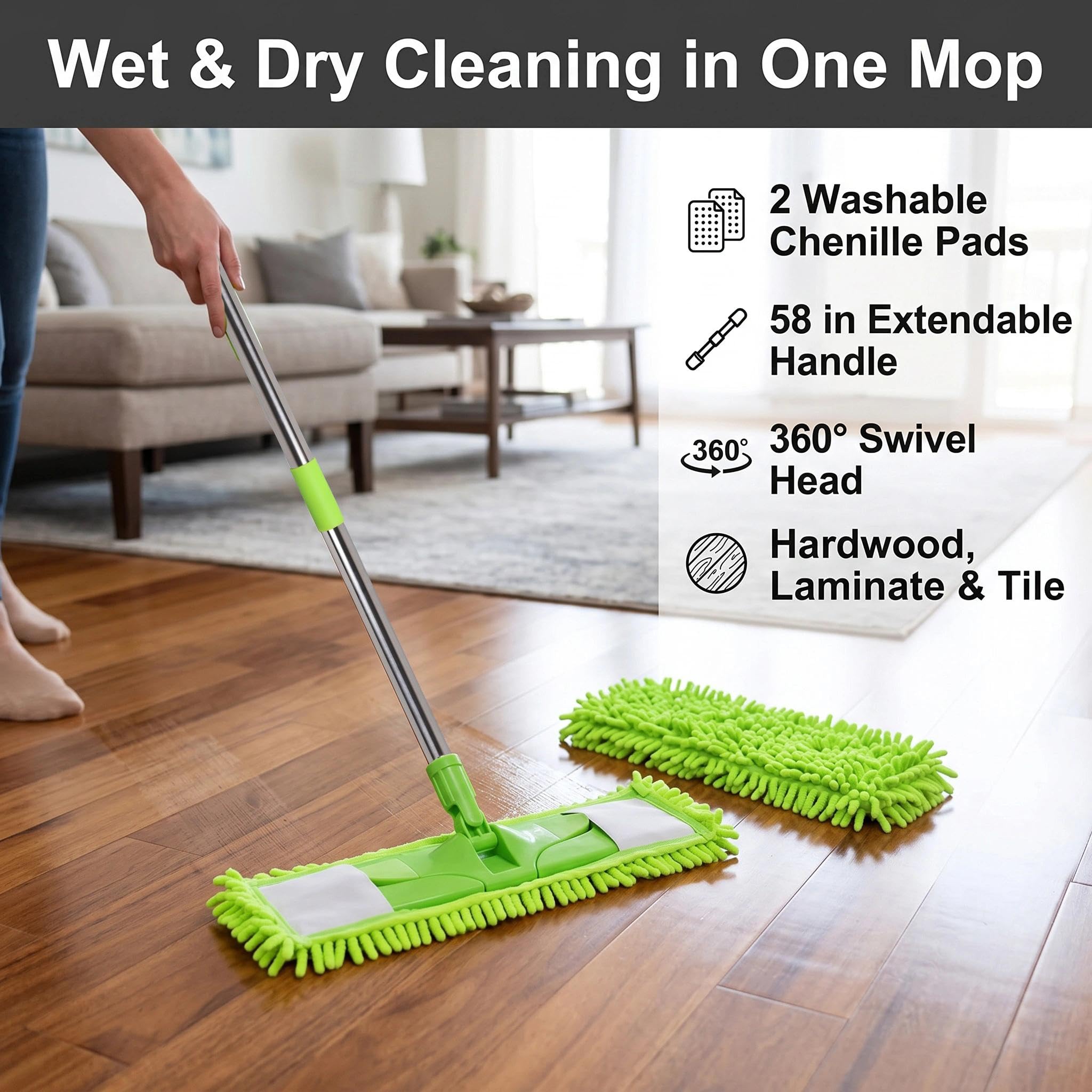 Trapeador de polvo para limpieza de suelos con 2 almohadillas de felpilla lavables y mango extensible de 55 pulgadas de largo, mopa plana seca y húmeda con estropajo para madera dura, laminado,