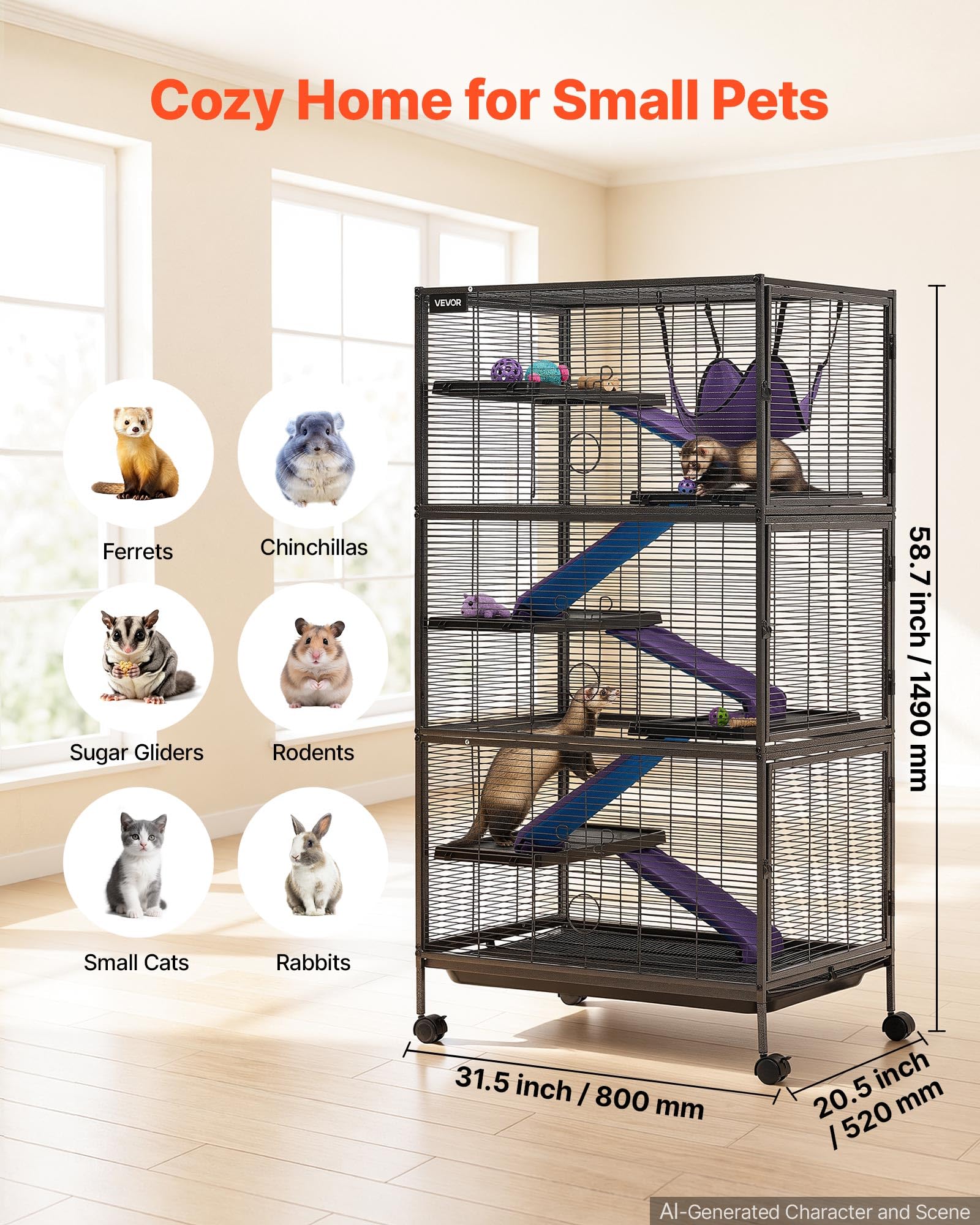 VEVOR Cage pour Petits Animaux en Métal 149 cm Cage pour Furets à 6 Niveaux