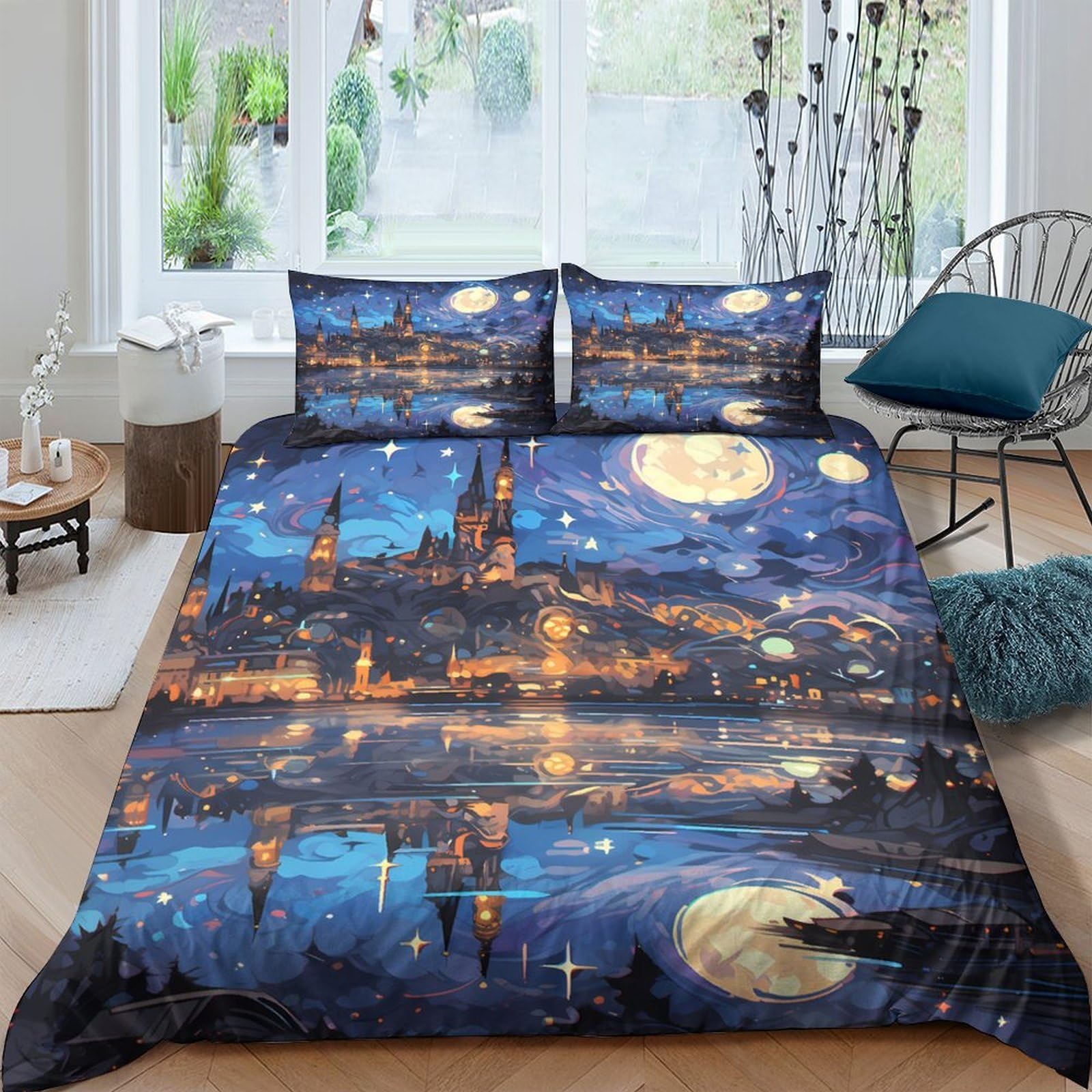 Ctjqhvkz Style-8 3D Printed Moonlit Castle Fitted Sheet Microfiber Soft Blue Night Sky Mattress Cover For Bedroom Dorm Decor Single（135X200cm）