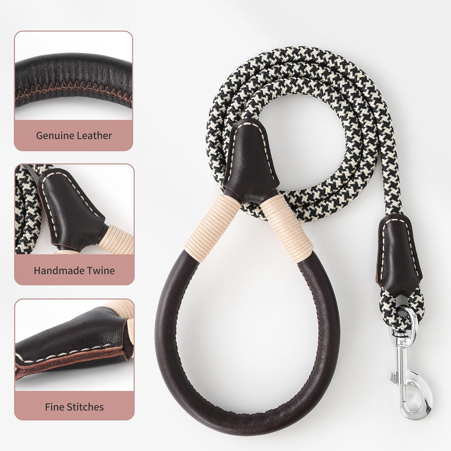 Mile High Life Genuine Leather Wrapped Handle Dog Leash, w Heavy Duty Clasp Rope Leash for Small Medium Large Dogs (Black Khaki, 6FT)