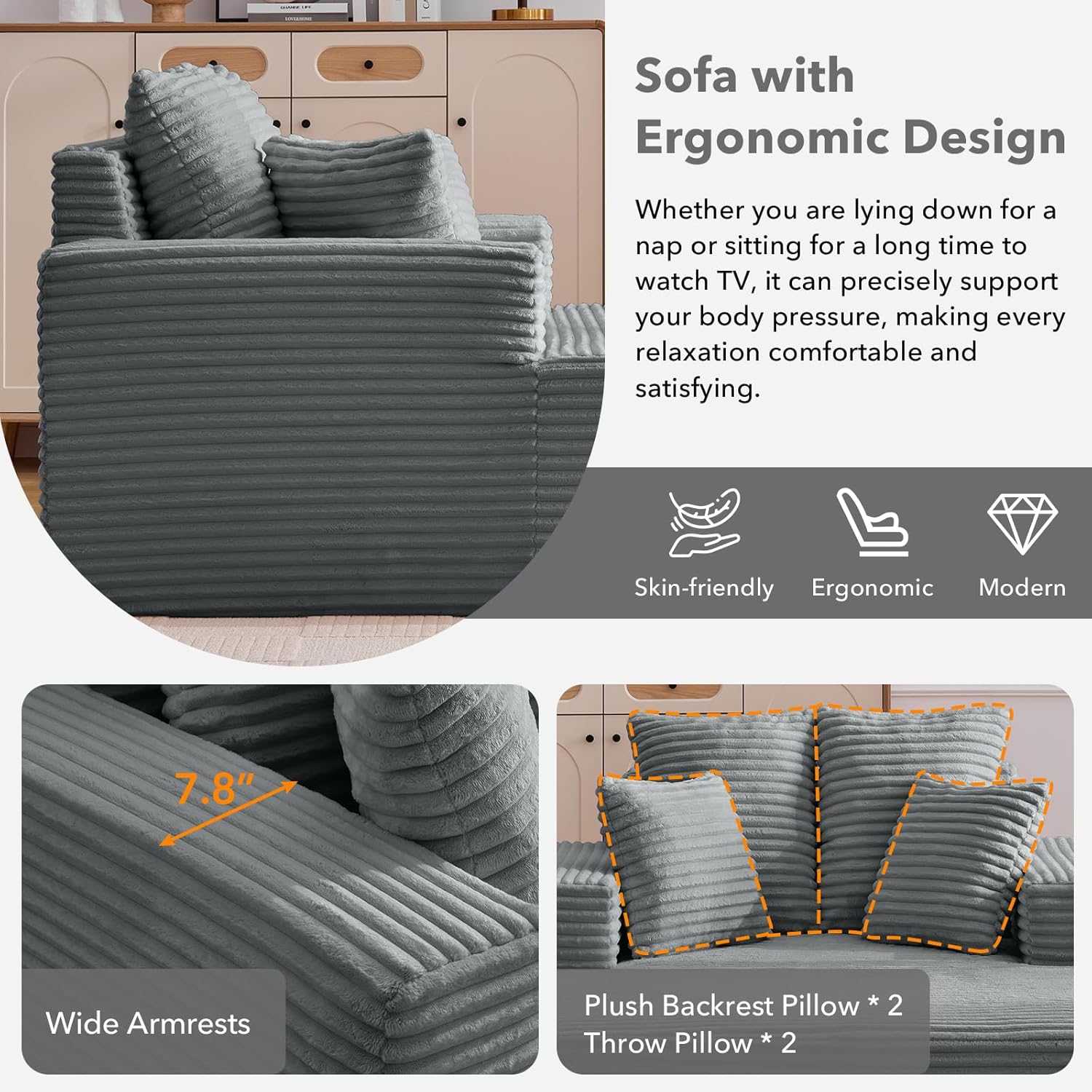 Oversized Chaise Lounge Chair, Corduroy Upholstered Sleeper Sofa with Throw Pillows, Modern Cloud Sofa with Deep Seat, No-Assembly Sofa Chaise for Living Room (Grey) | Throw Pillows, Deep Seat, No-Assembly, Selected Materials