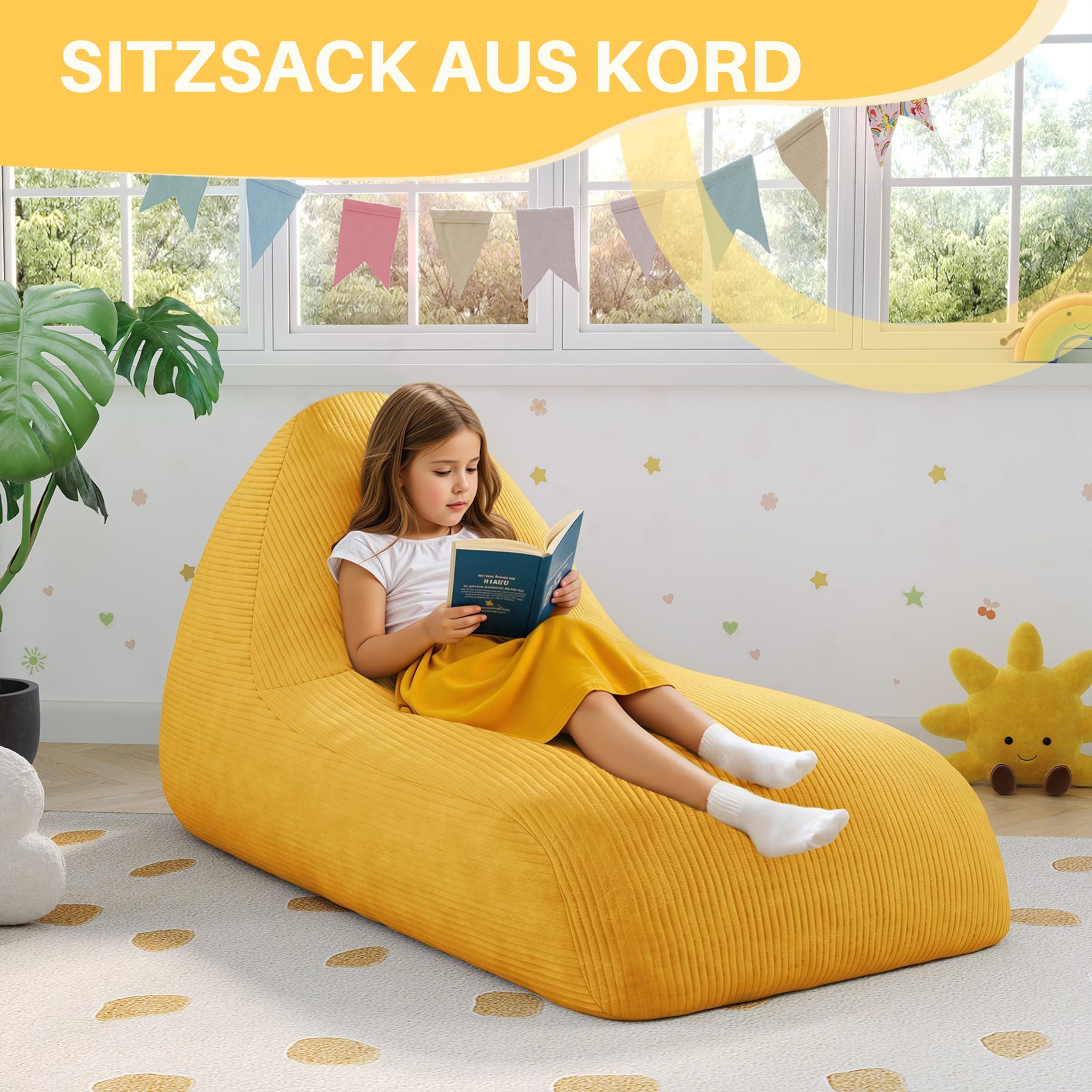 MeMoreCool Cord Sitzsack Kinder von 8–12 Jahren, großer Sitzsäcke mit Füllung, großer Lounge-Sitzsessel für Kuschelecke Kinderzimmer, gemütliche Bodenliege für Mädchen und Jungen, Gelb