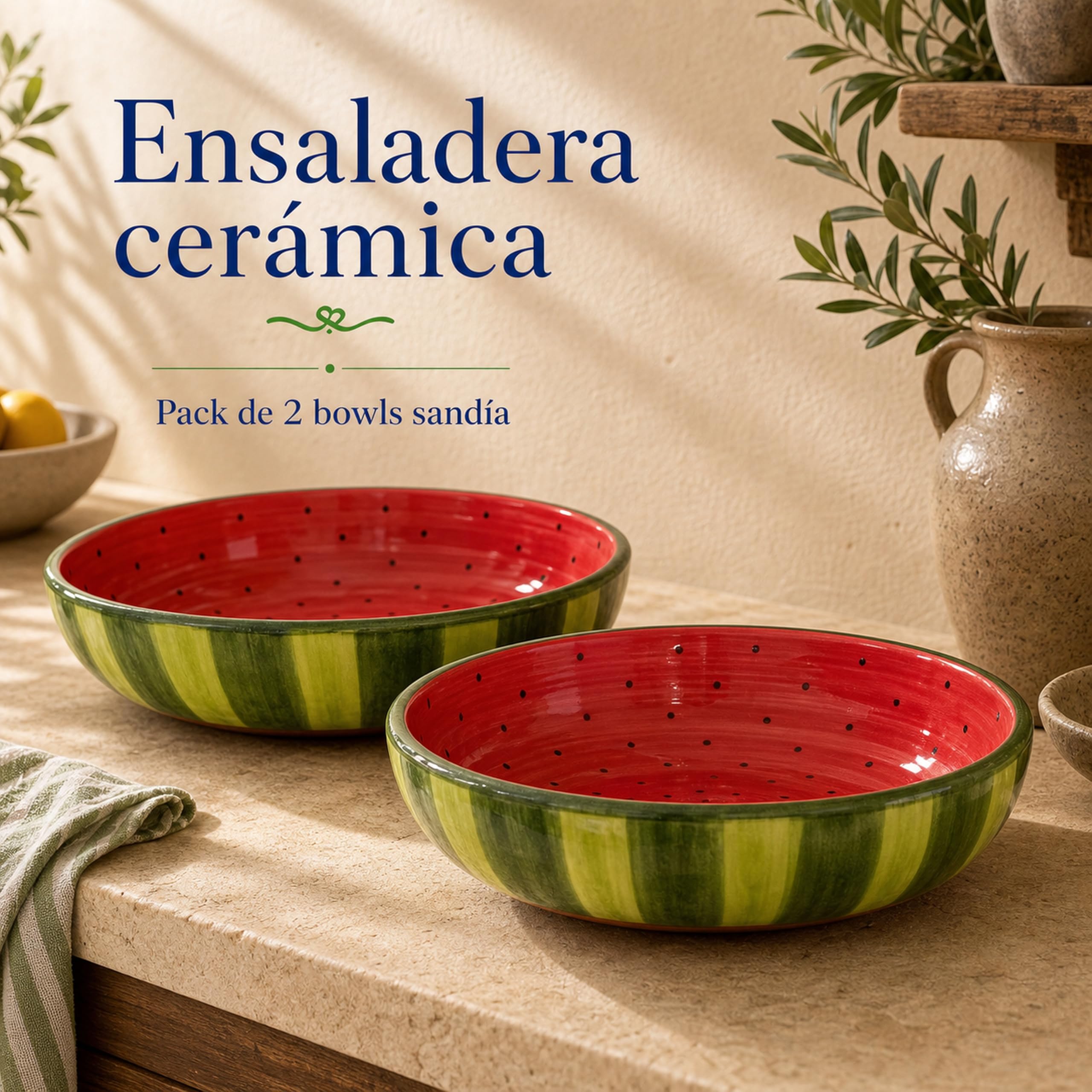 Ensaladera cerámica sandía pack de 2, bowl frutero 27 x 7,5 cm rojo verde para ensaladas y frutas