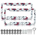 HCSS White Red Flower License Plate Frames - 2 Pack Floral Aluminum Metal License Plate Holder Covers Car Accessory,Rust-Proof Waterproof Car Decorative Tag Frames for Standard US 12x6 Inch