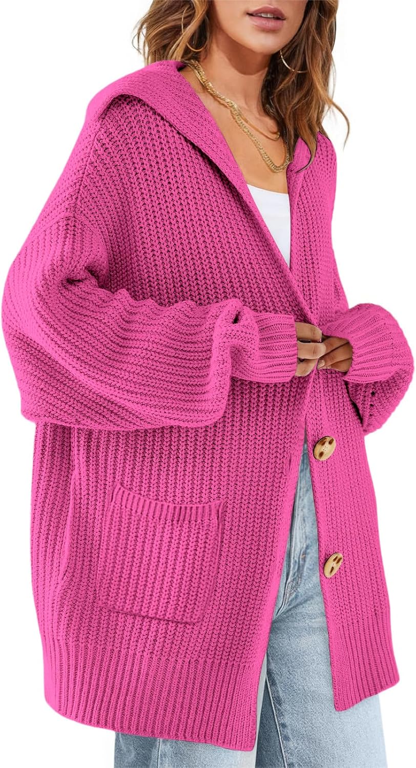 ebossy Women's Oversized Sailor Collar Button Cardigans Chunky Knit Long Sleeve Slouchy Sweaters Coat with Pockets