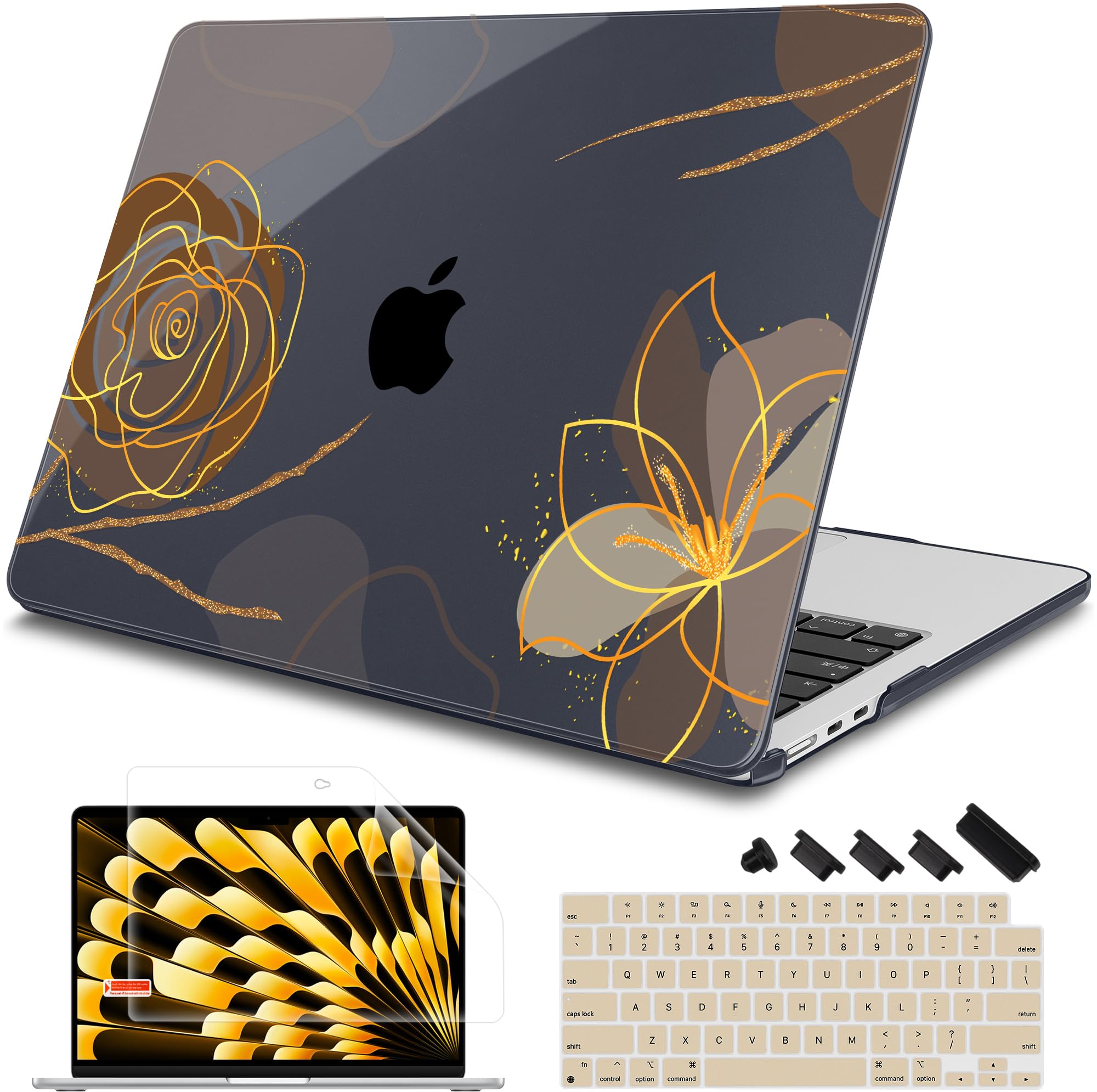 Mektron Designed for 2024/2023 MacBook Air 15 INCH M3 A3114 /M2 A2941 Case, Printed Plastic Hard Shell Cover with 15.3" Liquid Retina Display Touch ID, Golden Flower P282